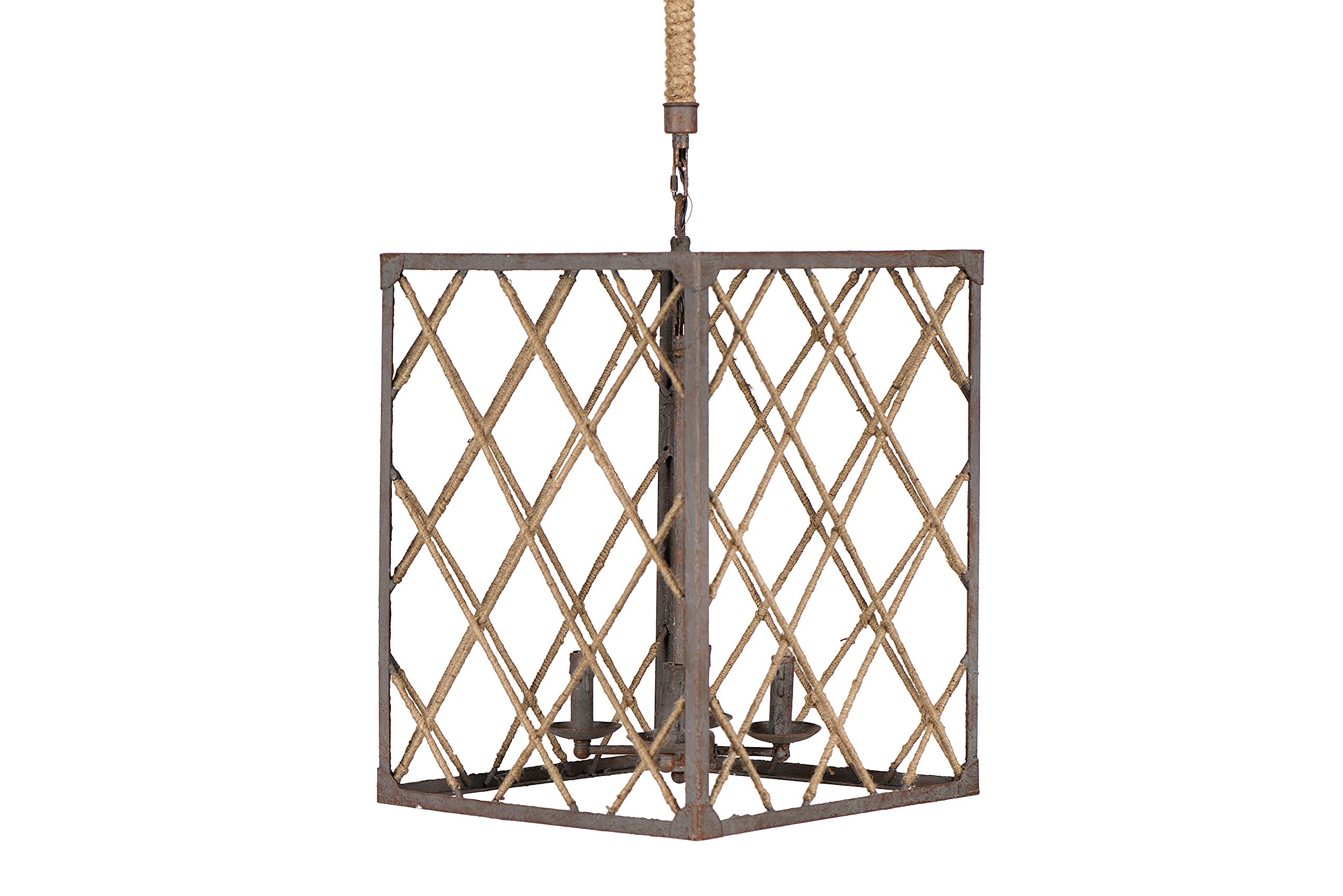 Creative Co-Op Rectangle Metal & Jute Rope Pendant Ceiling Light Fixture - Natural Farmhouse Style for Dining Room, Kitchen Island, or Bedroom Lighting