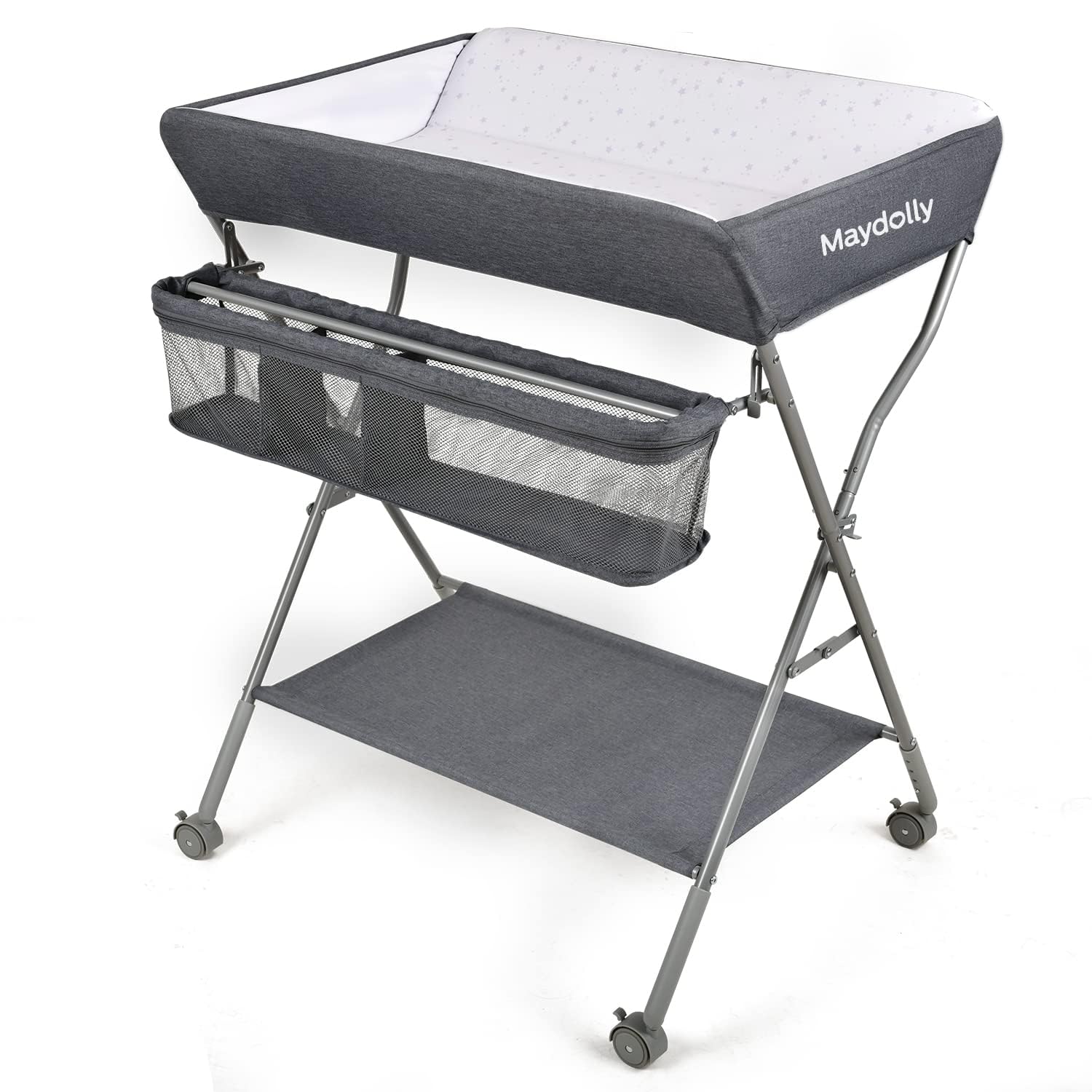 Maydolly Foldable Baby Changing Table with Wheels, Waterproof & Height Adjustable, Mobile Diaper Station with Storage Shelves (Dark Gray) - Perfect for Nurseries, Daycares & Traveling with Baby