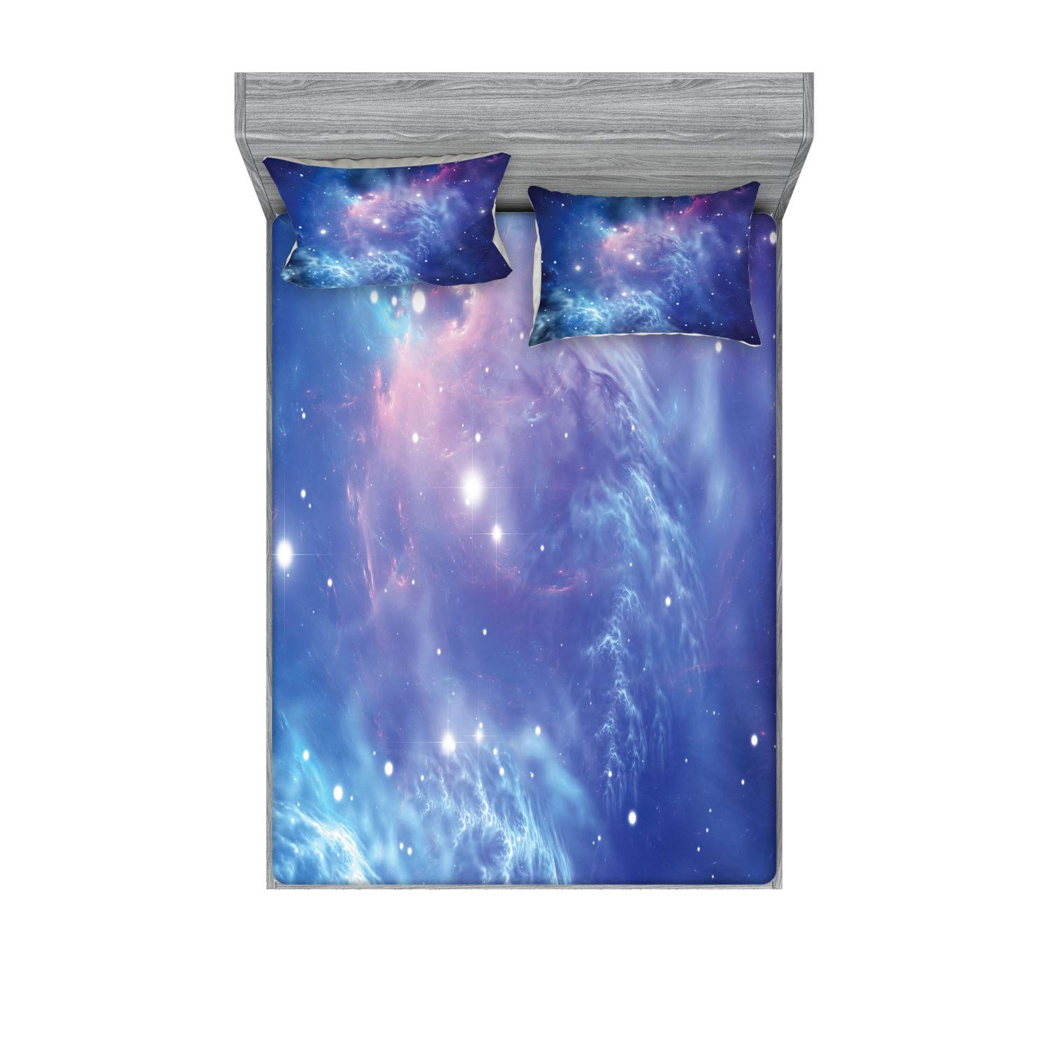 Ambesonne Outer Space Fitted Sheet & Pillow Sham Set - Galaxy Nebula Star Cluster Astronomy Art Printed 3-Piece King Size Bedding in Purple Navy | Perfect for Space-Themed Bedrooms, Kids Rooms & Astronomy Lovers