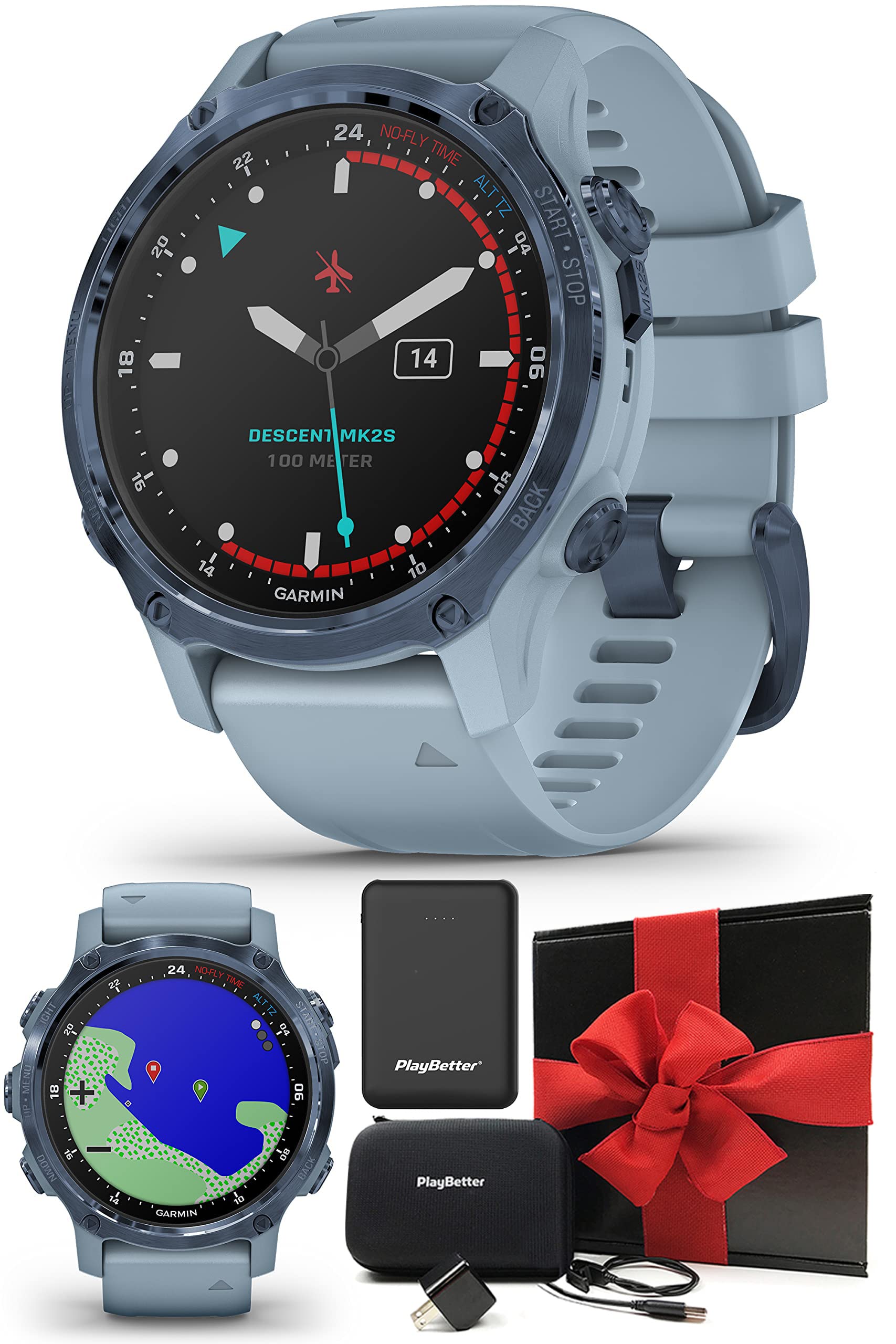 Garmin Descent Mk2S GPS Dive Watch - Smaller-Sized Dive Computer Smartwatch with Heart Rate Monitor - Mineral Blue/Sea Foam - Includes PlayBetter Wall Adapter, Portable Charger & Hard Case - Perfect for Scuba Diving, Snorkeling & Water Sports