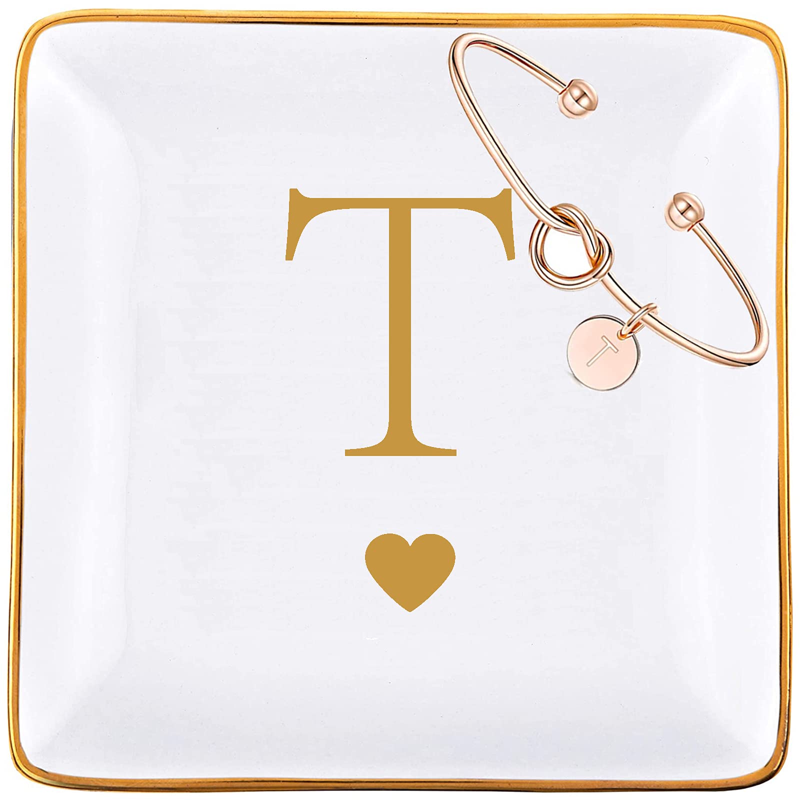 Personalized Ceramic Jewelry Tray with Gold Initial & Rose Gold Knot Bracelet Gift Set for Women - Elegant Ring Dish, Key Bowl Holder for Mom, Grandma, Daughter, Sister, Friend - Perfect Birthday, Bridesmaid, Anniversary Gift (Letter T) - Ideal for Jewelry Organization, Home Decor, and Thoughtful Present Giving