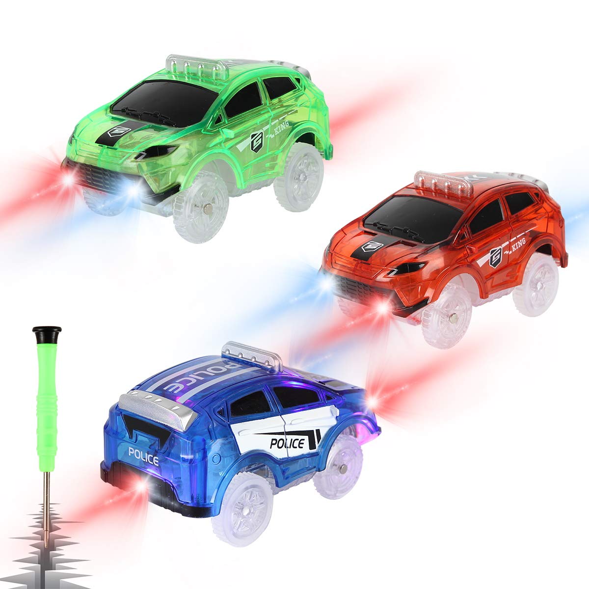 Magic Tracks Glow in the Dark Replacement Cars - 3 Pack Battery Powered LED Snap N Glow Race Cars with Flex Track, Compatible with Most Kids' Car Track Sets | Perfect for Nighttime Races & Indoor Playtime
