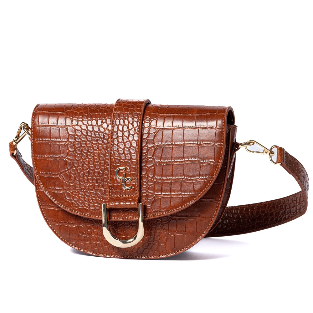Galway Crystal Fashion Saddle Bag for Women - Tan Crocodile Embossed Leather Crossbody Purse - Perfect for Work, Travel & Everyday Use