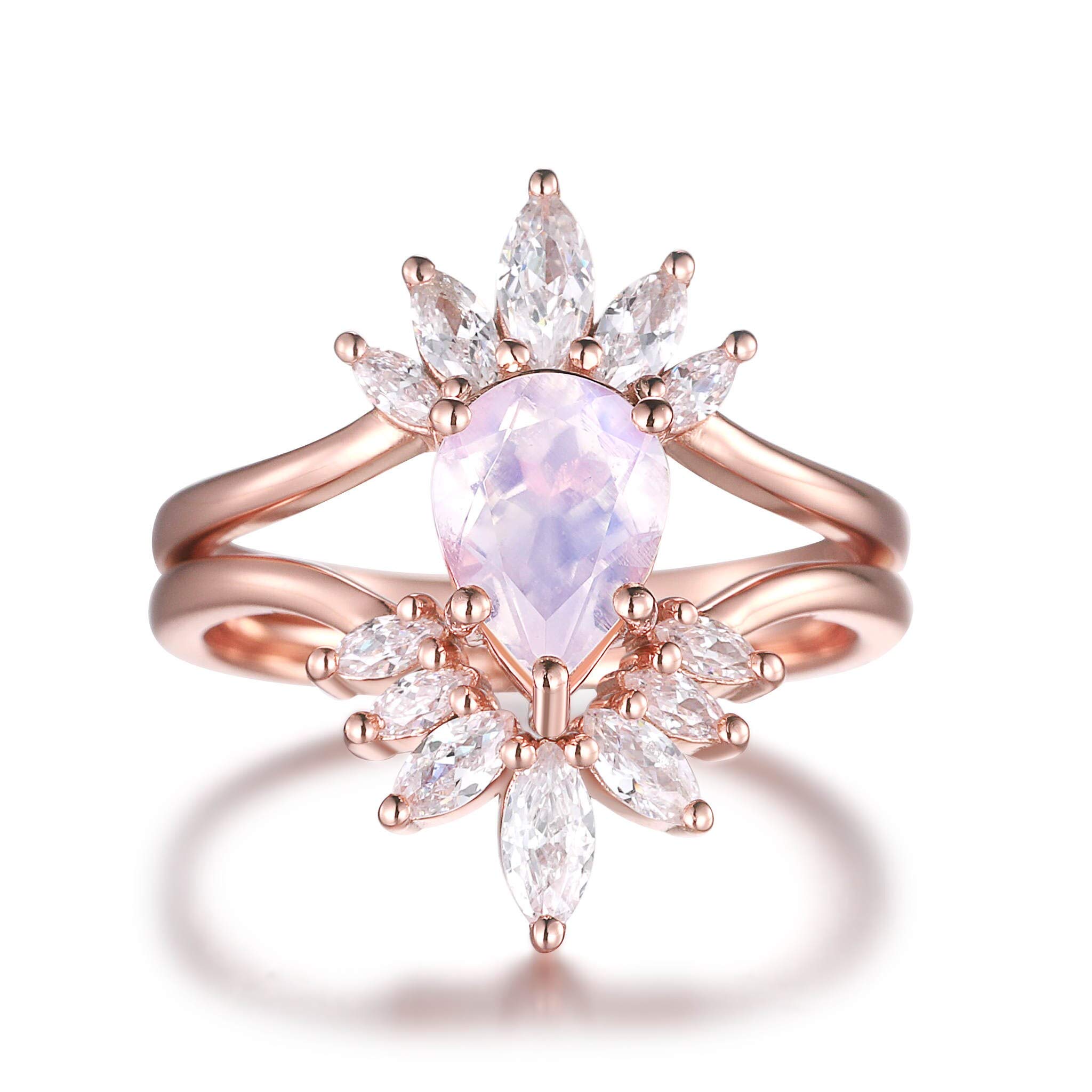Natural Moonstone & CZ Diamond Pear-Shaped Wedding Ring Set in Silver & Rose Gold - Engagement, Bridal, Promise Jewelry for Women - Stackable Art Deco Anniversary Rings - Perfect for Weddings, Proposals & Special Occasions