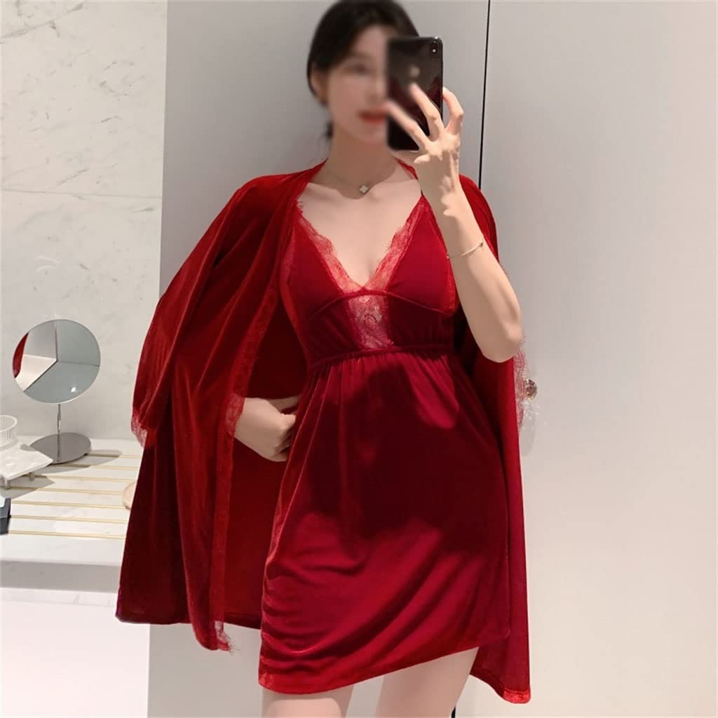 Red Velour Bathrobe for Women - Soft Plush Sleepwear with Deep V-Neck & Lace Trim - Sexy Nightgown & Cozy Home Dress (X-Large) - Perfect for Spa Days, Relaxing at Home & Romantic Evenings