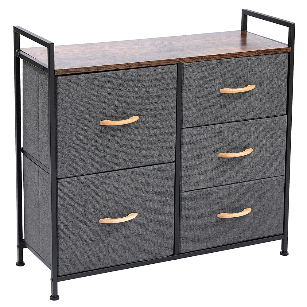 Caeciliatima 5-Drawer Dresser with Wood Grain Finish - Dark Gray Fabric, Black Iron Frame, Adjustable Feet & Side Handles - Perfect for Bedroom, Living Room, or Office Storage Organization