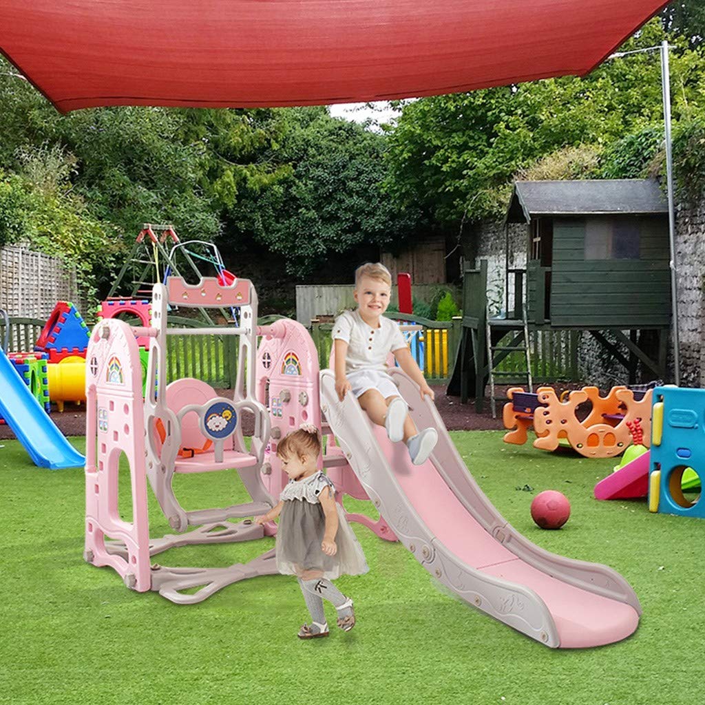 MINIKID 3-in-1 Kids Slide and Swing Set with Basketball Frame - Freestanding Toddler Climber Playset for Indoor & Outdoor Backyard Play - Perfect for Kindergarten, Home Playground & Birthday Gifts (Pink) 【Fast US Shipping】