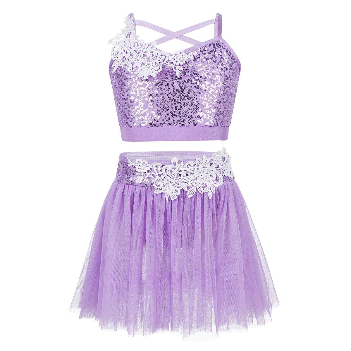 FEESHOW Girls Shiny Sequined Dance Crop Top with Tulle Skirt - Ice Skating Dress for Lyrical, Ballet, Jazz, and Competition Performance Costume