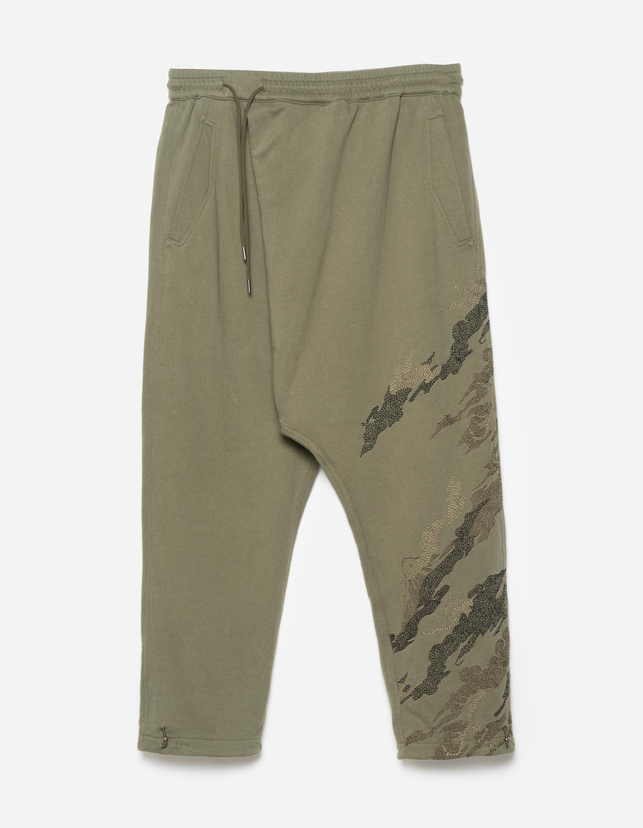 6202 Sashiko Bonsai Asymmetrical Sweatpants for Men - Olive Green OG 107F - Japanese Streetwear Style for Casual Wear & Lounge Comfort