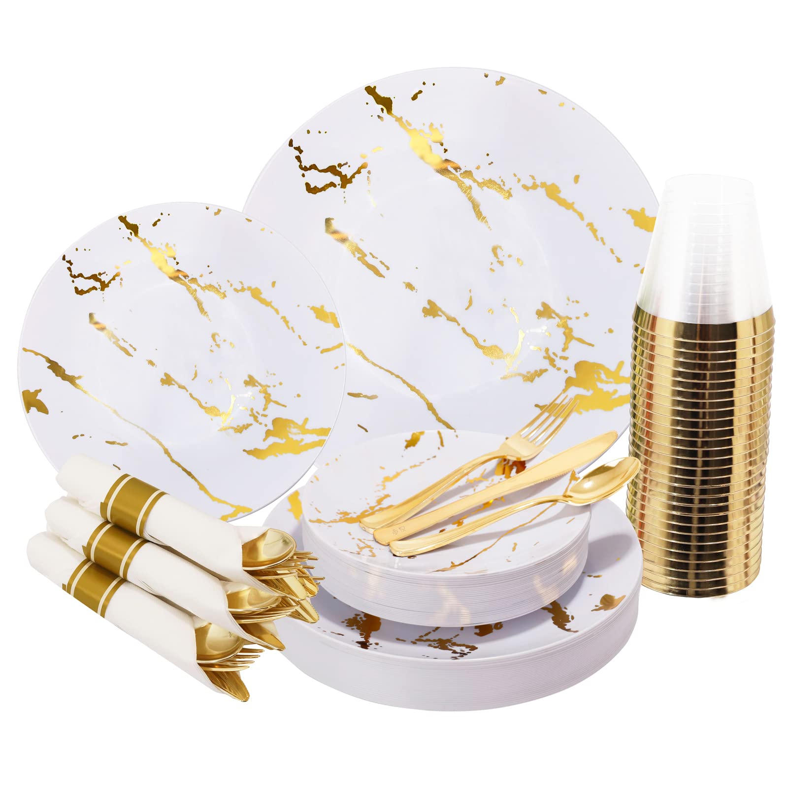 bUCLA 30-Pack Gold Plastic Plates Set - Elegant White & Gold Marble Design Disposable Dinnerware with Pre-Wrapped Silverware & Cups - Perfect for Weddings, Parties, and Special Events - Ideal for Outdoor Gatherings, Birthday Celebrations, and Holiday Feasts