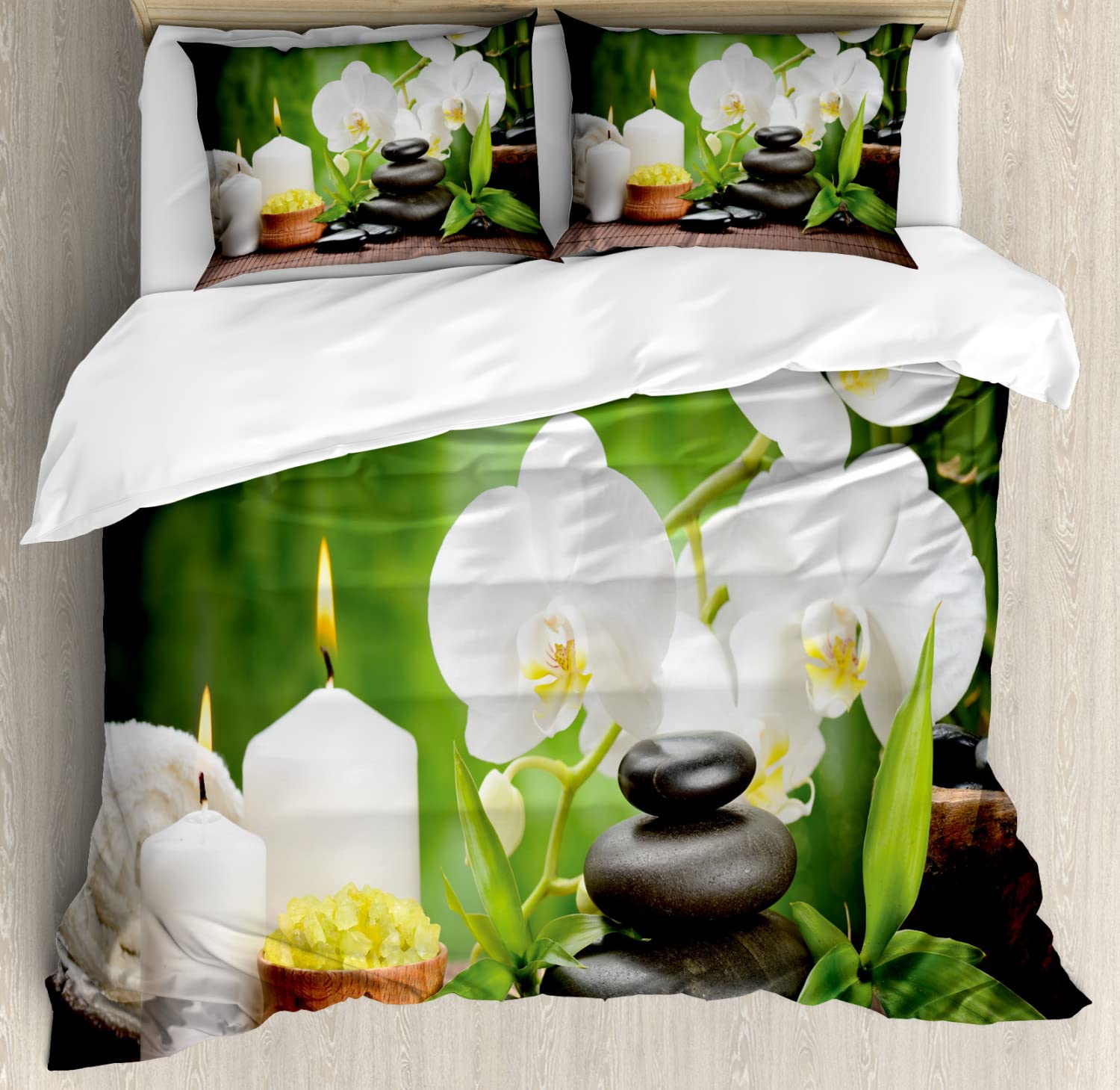 Ambesonne Spa Duvet Cover Set - Queen Size 2-Pack with Orchid, Candles & Green Leaf Print (White/Green/Black) - Includes 2 Duvet Covers & 4 Pillowcases for Bedroom Decor, Hotel Style Luxury Bedding, Spa Retreat & Guest Room Essentials