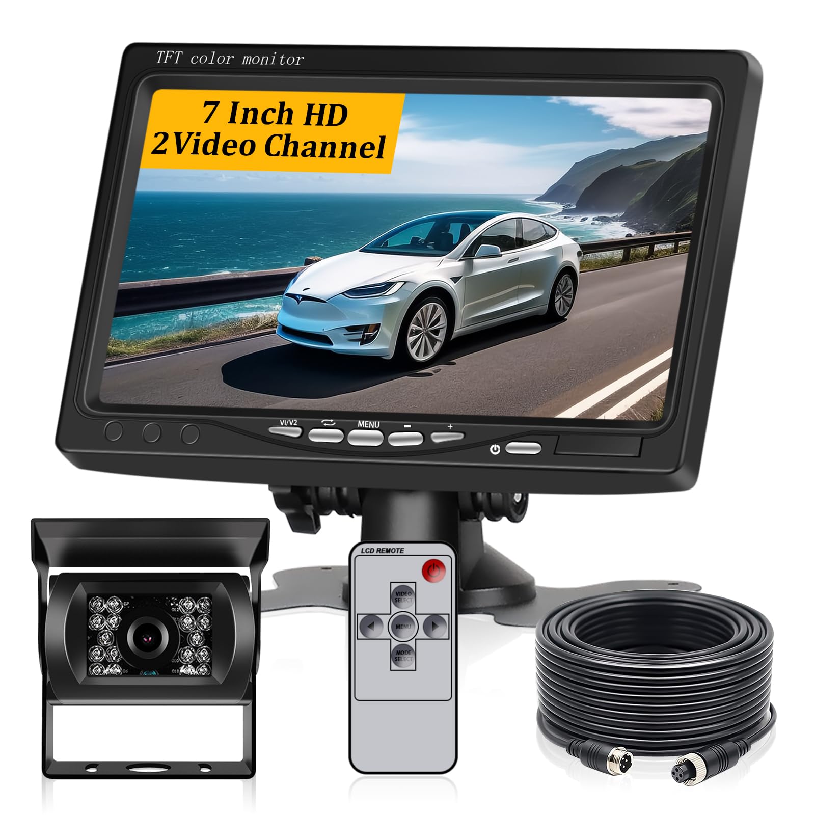 7-Inch HD Backup Camera System for Trucks & RVs - IP68 Waterproof Rear View Camera with IR Night Vision | Easy Installation for Vehicles, Trailers, Campers & Vans | Perfect for Parking, Reversing & Towing Safety