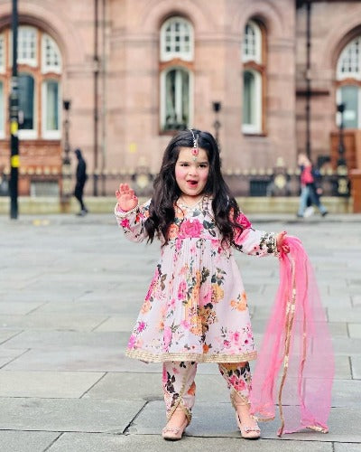 Pink Floral Georgette Digital Print Dhoti Salwar Suit for Girls - Indian Ethnic Outfit for Festivals, Parties & Special Occasions