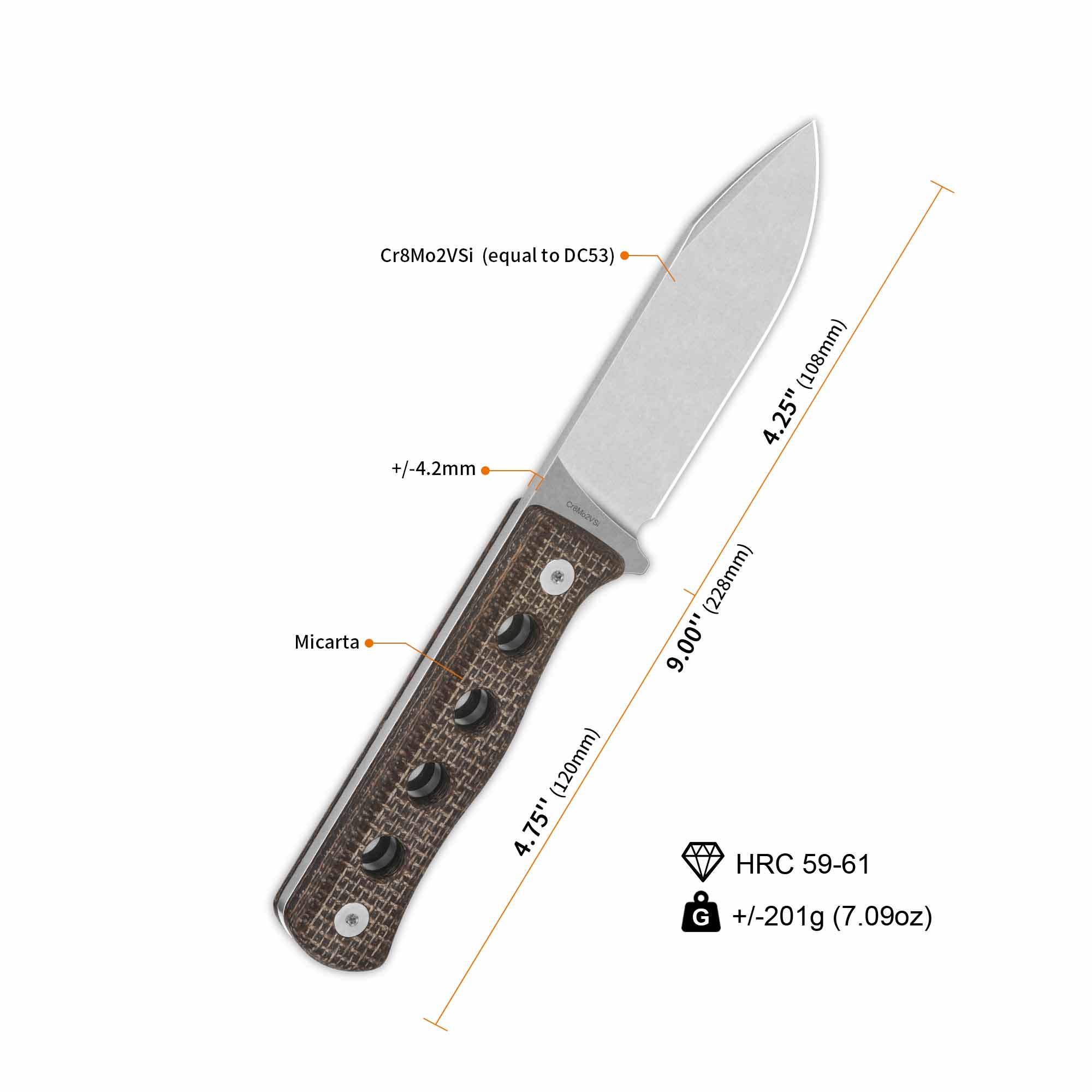 QSP Canary Fixed Blade Knife - DC53 High Carbon Steel Blade with Dark Brown Micarta Handle - Hunting, Camping & Outdoor Survival Knife