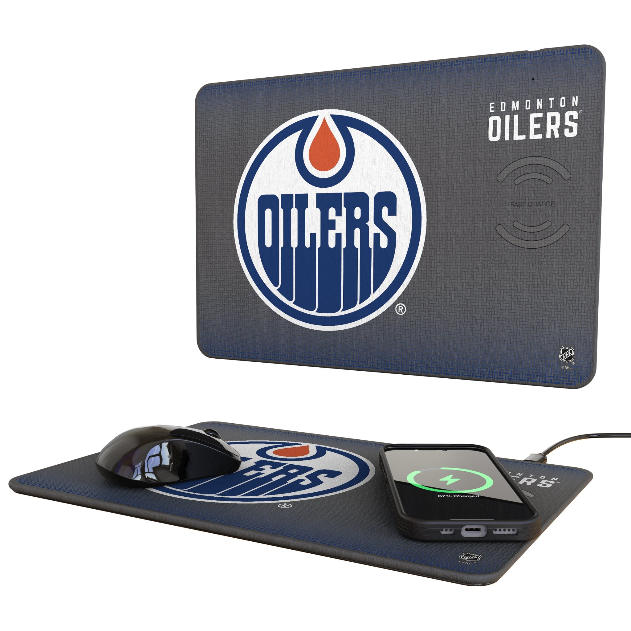 Edmonton Oilers NHL Team Logo 15W Fast Wireless Charger & Mouse Pad Combo - Perfect for Gaming, Office, and Home Desk Setup