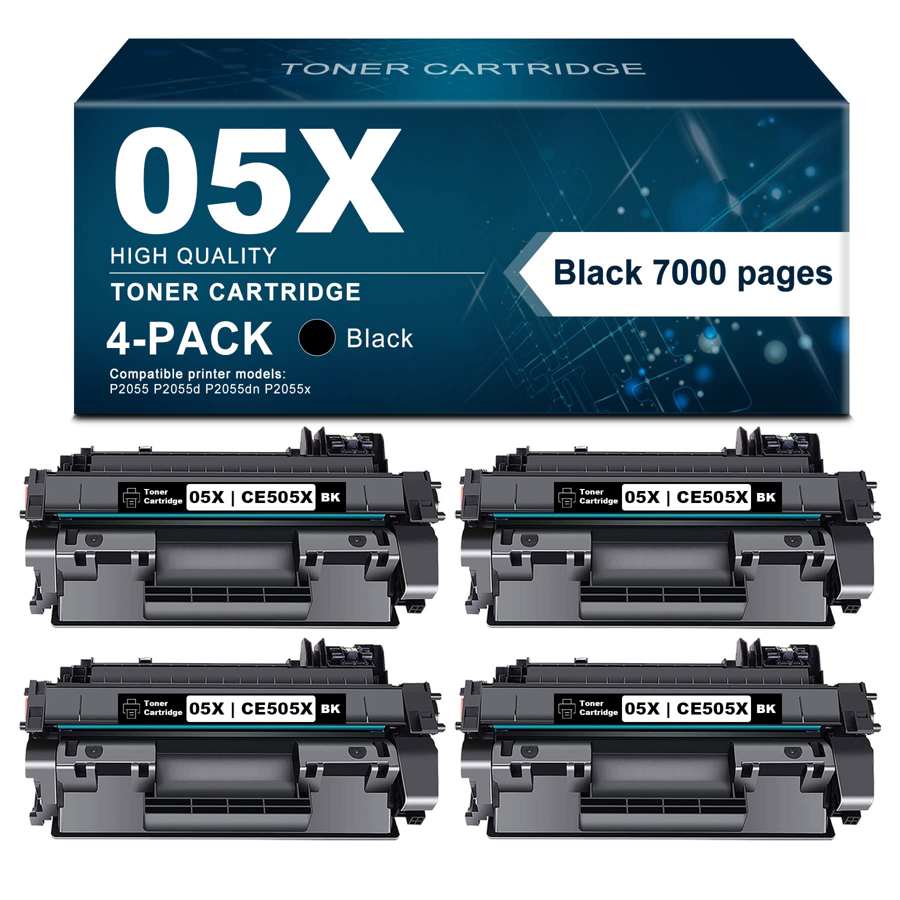 4-Pack CE505X Compatible Toner Cartridge Replacement for HP P2035n P2055 P2055x P2055dn Printers | High-Yield Printing for Office & Home Use