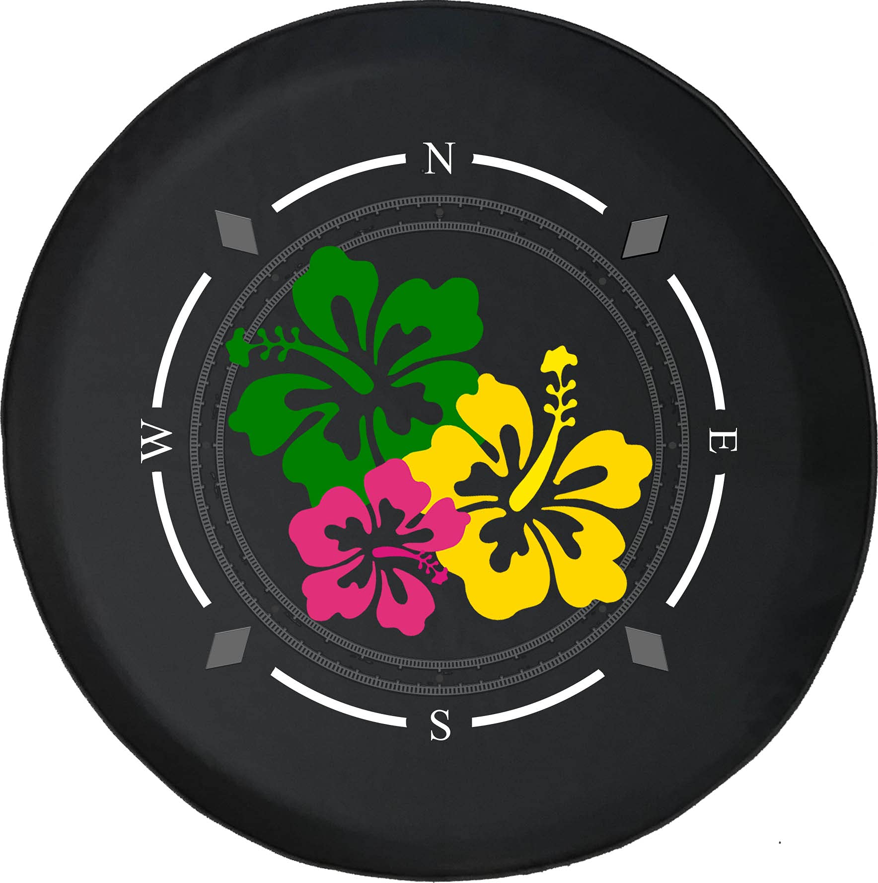 American Unlimited Spare Tire Cover with Compass & Tropical Flower Design - Waterproof SUV, RV, Trailer Wheel Protector for Outdoor Adventures & Road Trips