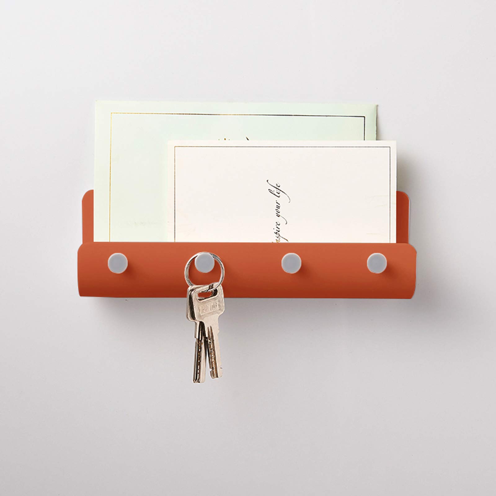 Wall Mounted Key Holder Shelf with Hooks - Entryway, Kitchen & Bathroom Storage Organizer - Floating Shelf for Keys, Coats & Photo Display - Orange Home Decor