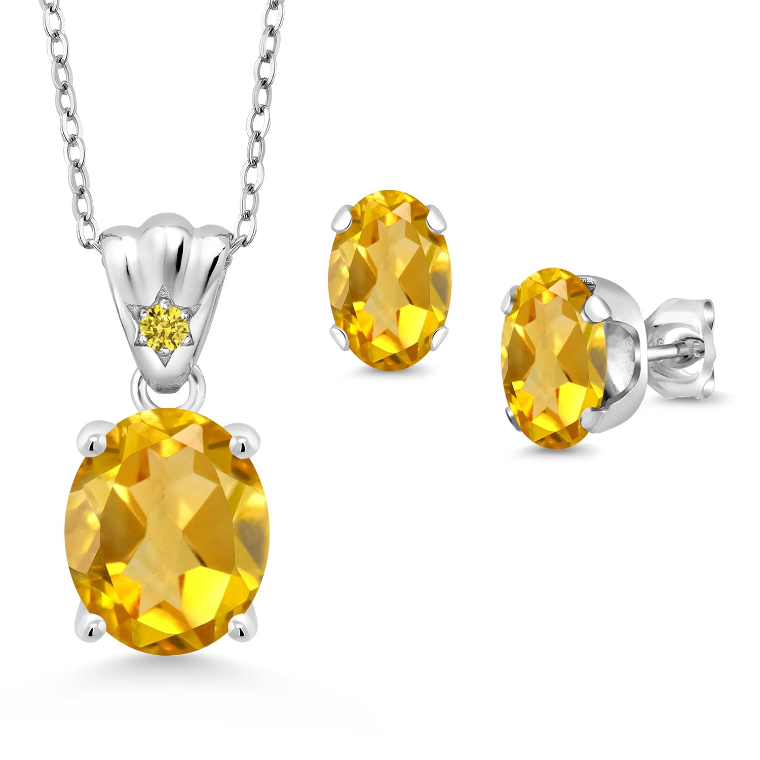 925 Sterling Silver Yellow Citrine & Golden Zirconia Pendant Earrings Set for Women - 5.83 CTTW Oval Gemstone Birthstone Jewelry (11x9mm & 8x6mm) with 18