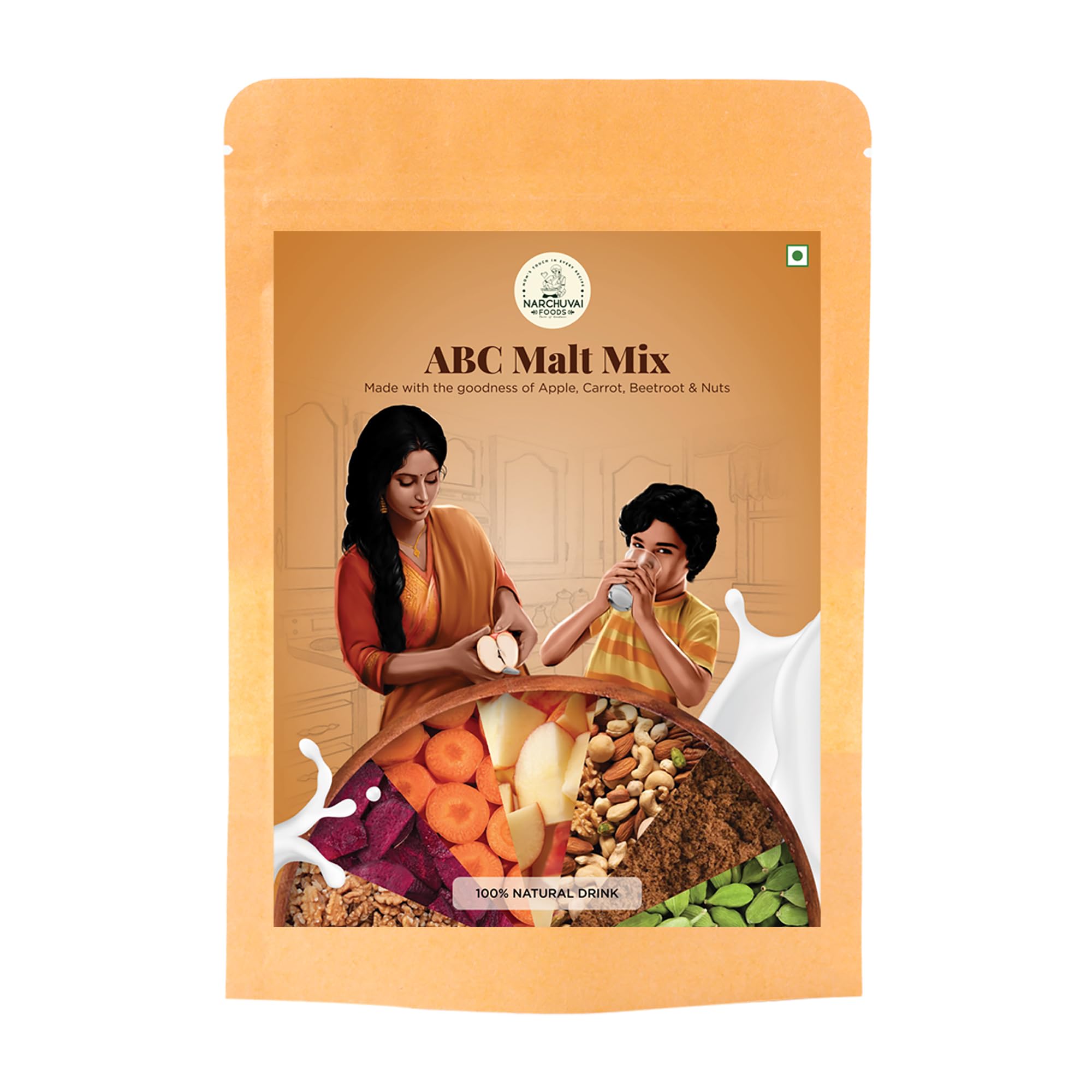 Narchuvai Foods ABC Malt Mix - Instant Apple, Beetroot, Carrot Milk Powder | Sugar-Free Health Drink for Kids, Women & Adults | Rich in Nutrients & Energy | Perfect for Breakfast, Post-Workout & Travel | 250g