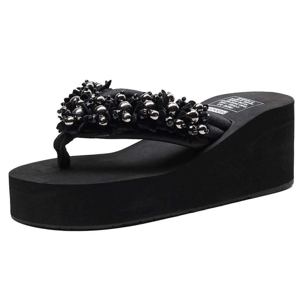 Women's Bohemian Floral Wedge Sandals - Comfortable Flip Flops & Beach Shoes for Women & Girls - Soft Fuzzy Slippers with Cross Strap (Black, Size 10) - Perfect for Summer, Vacation, Poolside & Casual Outings