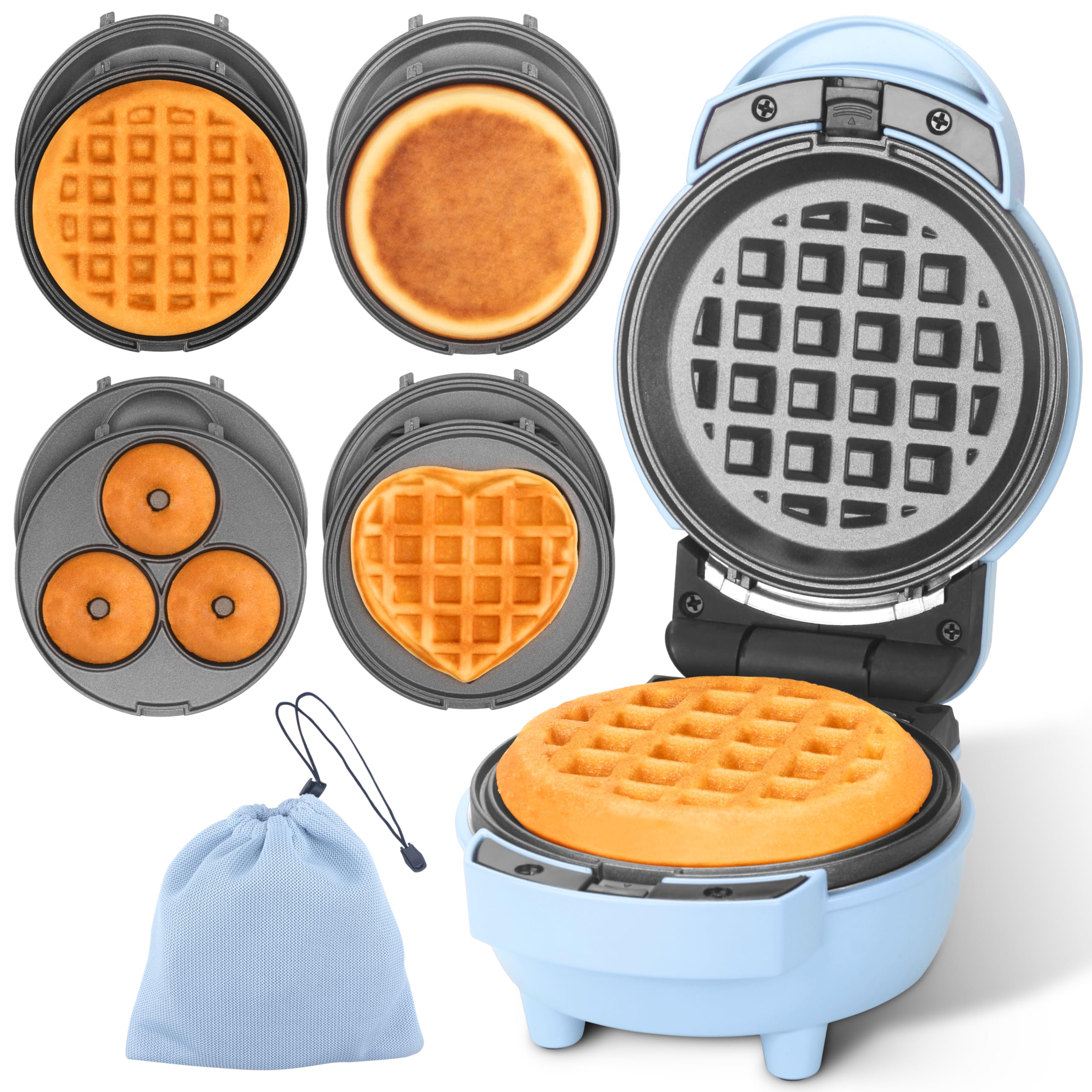 4-in-1 Mini Waffle Maker with Removable Plates - Baker's Friend Set Includes Pancake, Donut & Heart Waffle Makers - Compact Breakfast Appliance with Recipe Book - Perfect for Home, Dorm & Office Use - Blue