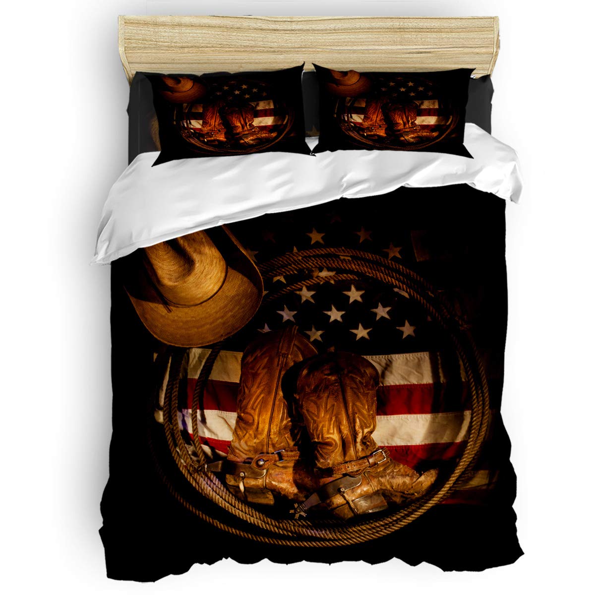 King Size Ocean Party Duvet Cover Set - Western Cowboy Hat & Boots Design with American Flag Print - 4 Piece Bedding Set Includes Comforter, Flat Sheet & Pillow Covers - Perfect for Western Themed Bedrooms, Rodeo Parties & Patriotic Home Decor