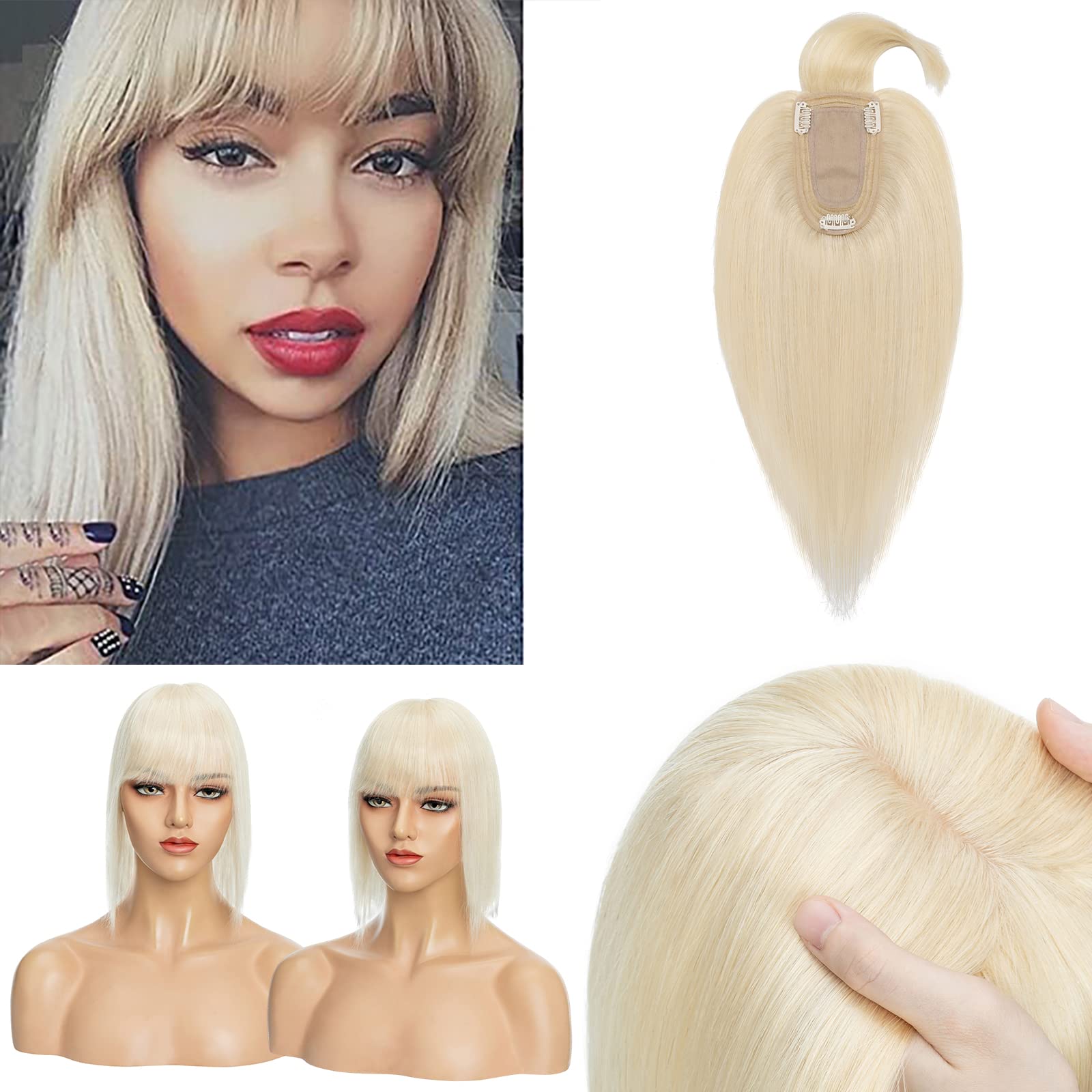 Clip-in Human Hair Toppers with Bangs for Women - 14