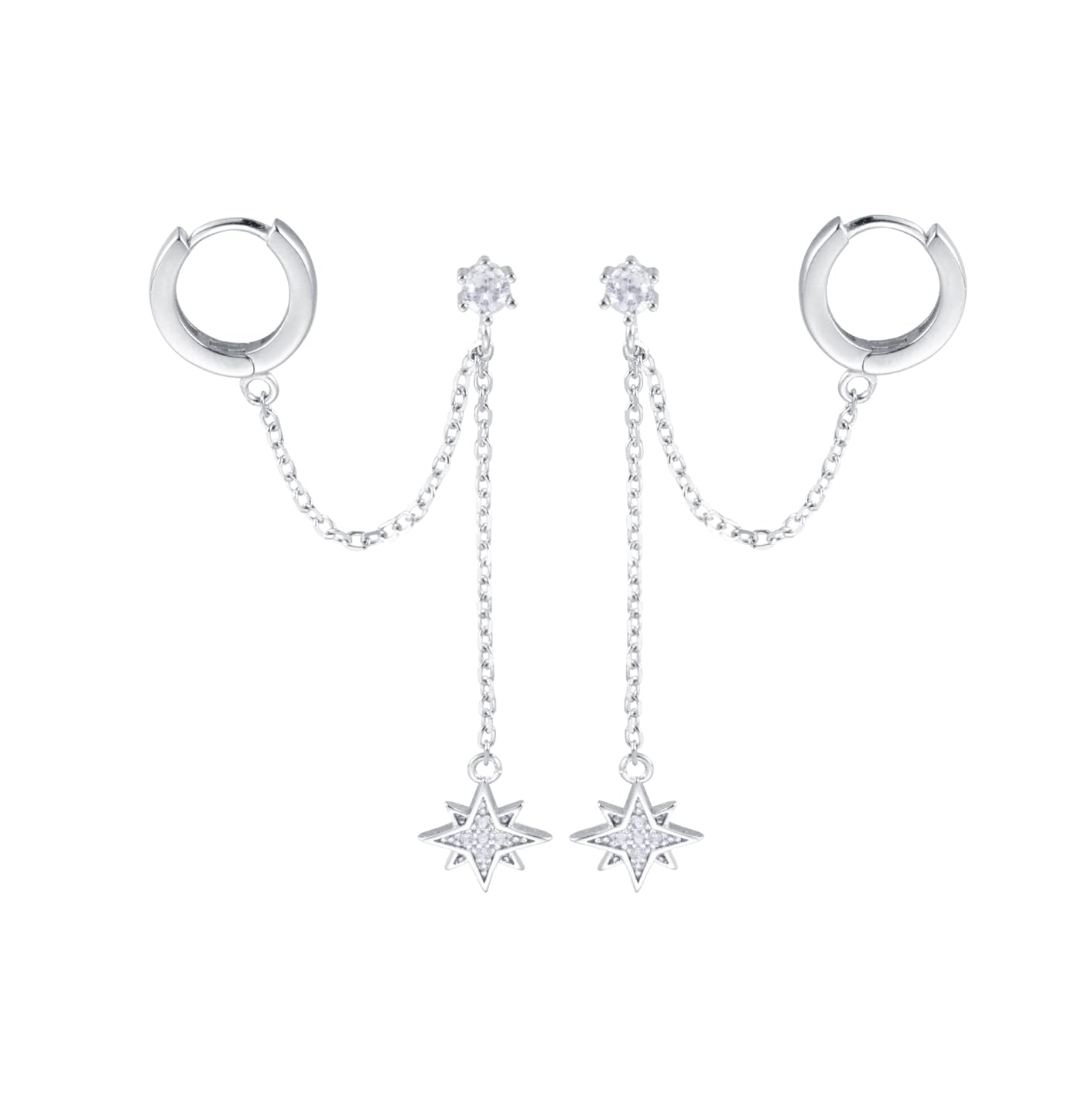 925 Sterling Silver Small Hoop Cuff Earrings for Women & Teens - Double Piercing Wrap Chain Cartilage Helix Earrings with Star Tassel - Perfect for Everyday Wear, Parties & Gifts