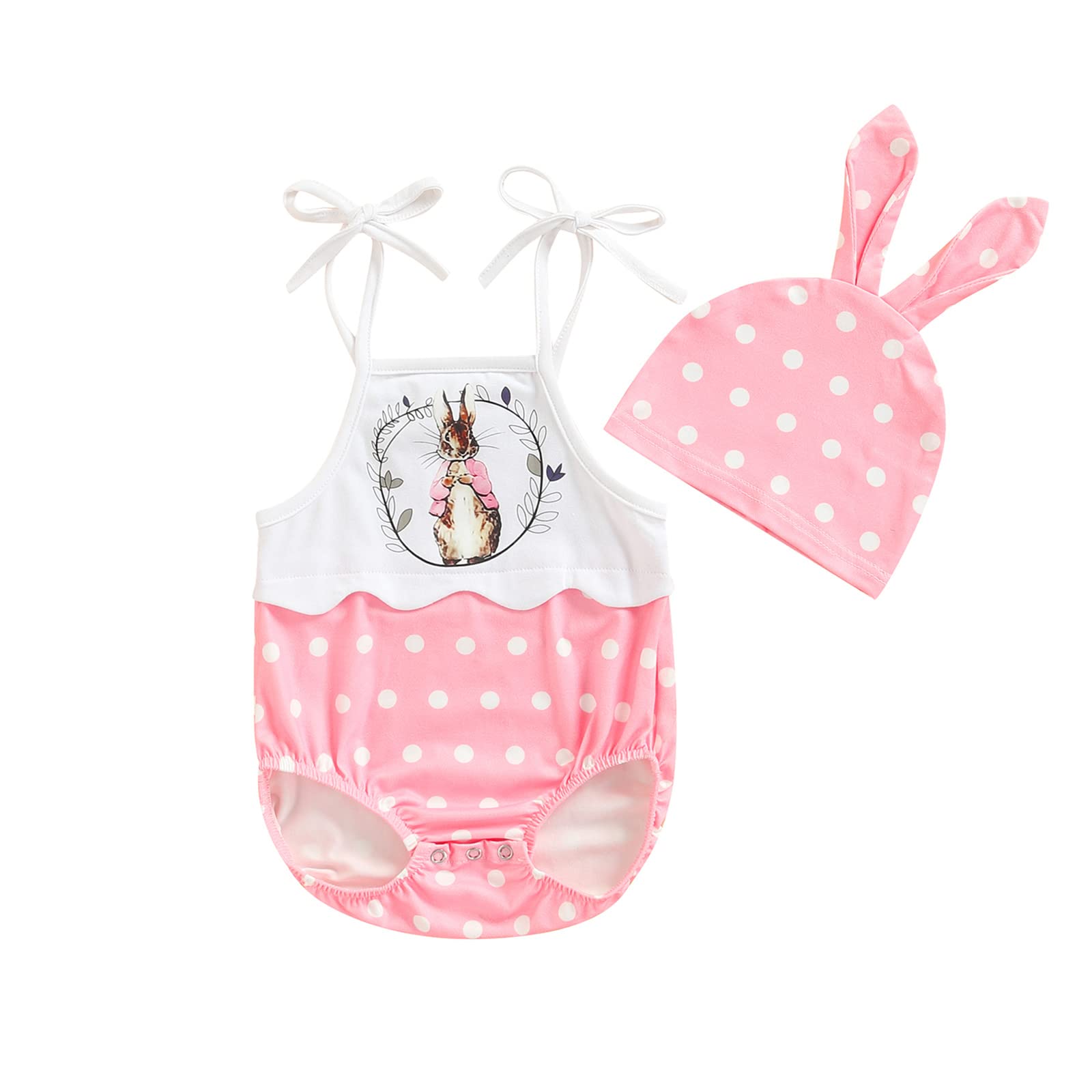 Easter Baby Girl Outfits Summer Romper Set - Cute Bunny Print Sling + Polka Dot Hat for Newborns | Perfect for Easter Photos, Spring Outings & Summer Celebrations