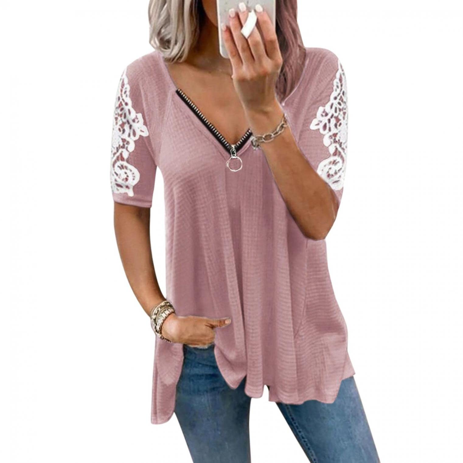 Sexy Oversized Lace V-Neck Tunic Top for Women - Plus Size Short Sleeve Blouse with Zipper Detail | Perfect for Night Out, Date Night & Casual Wear
