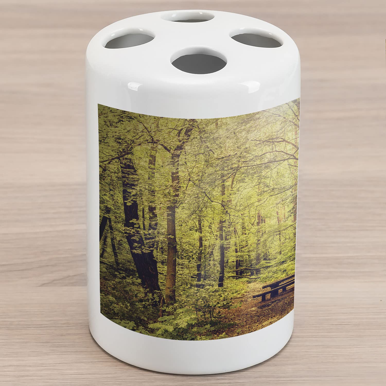Ambesonne Forest Ceramic Toothbrush Holder - Nature Themed Picnic Table Design with Greenery Foliage for Bathroom Countertop Decor, 4.5