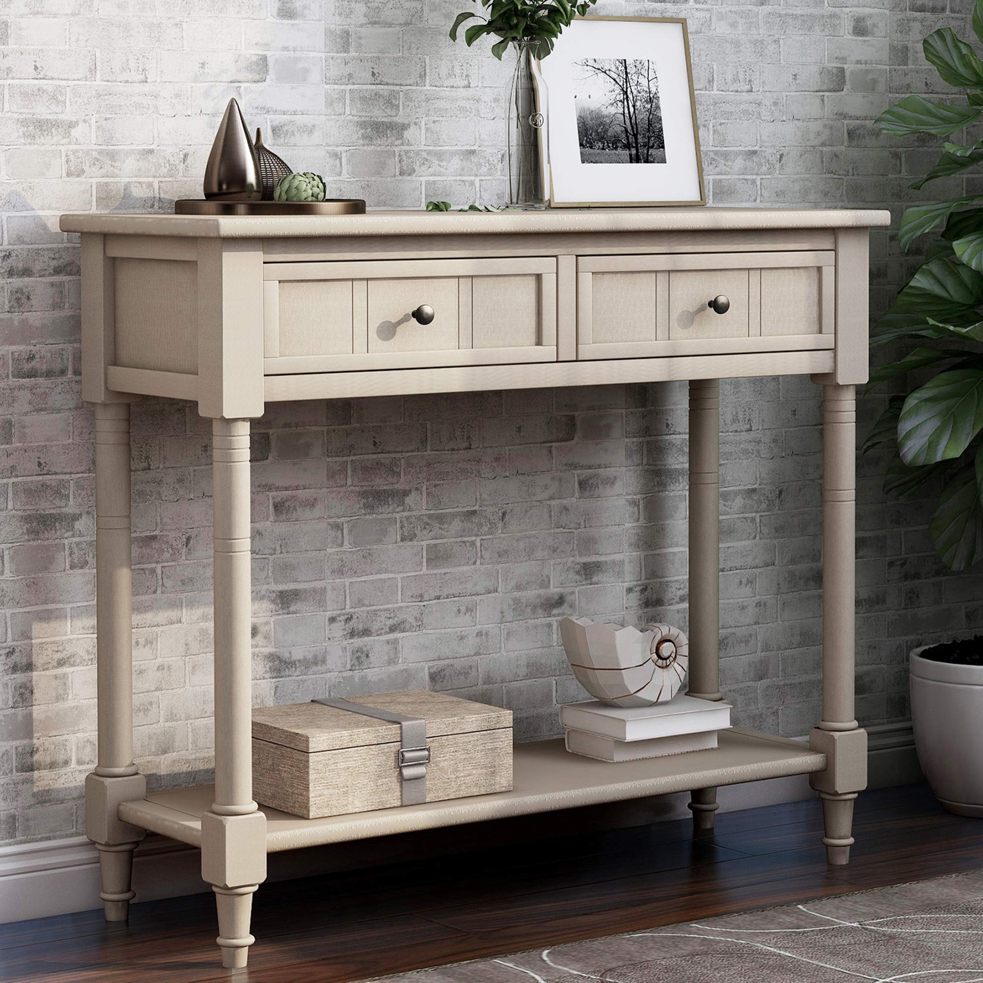 P PURLOVE Grey Wooden Sofa Table with 2 Storage Drawers - Entryway Console Table for Living Room, Hallway & Bedroom - Modern Side Table with Bottom Shelf for Home Decor & Organization