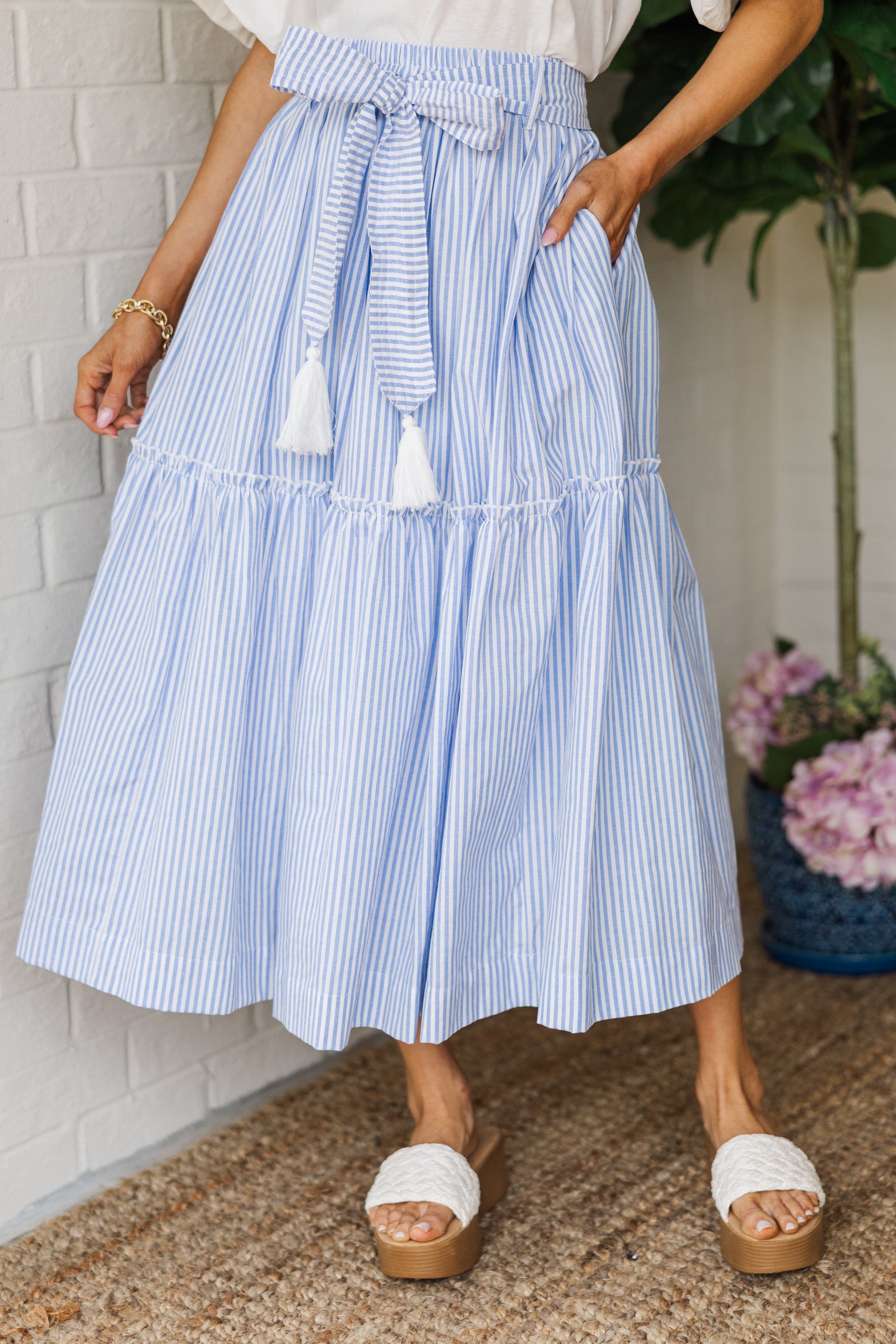 Coast to Coast Light Blue Striped Midi Skirt for Women - Summer Casual Flowy Skirt with Pockets - Perfect for Beach, Vacation & Everyday Wear