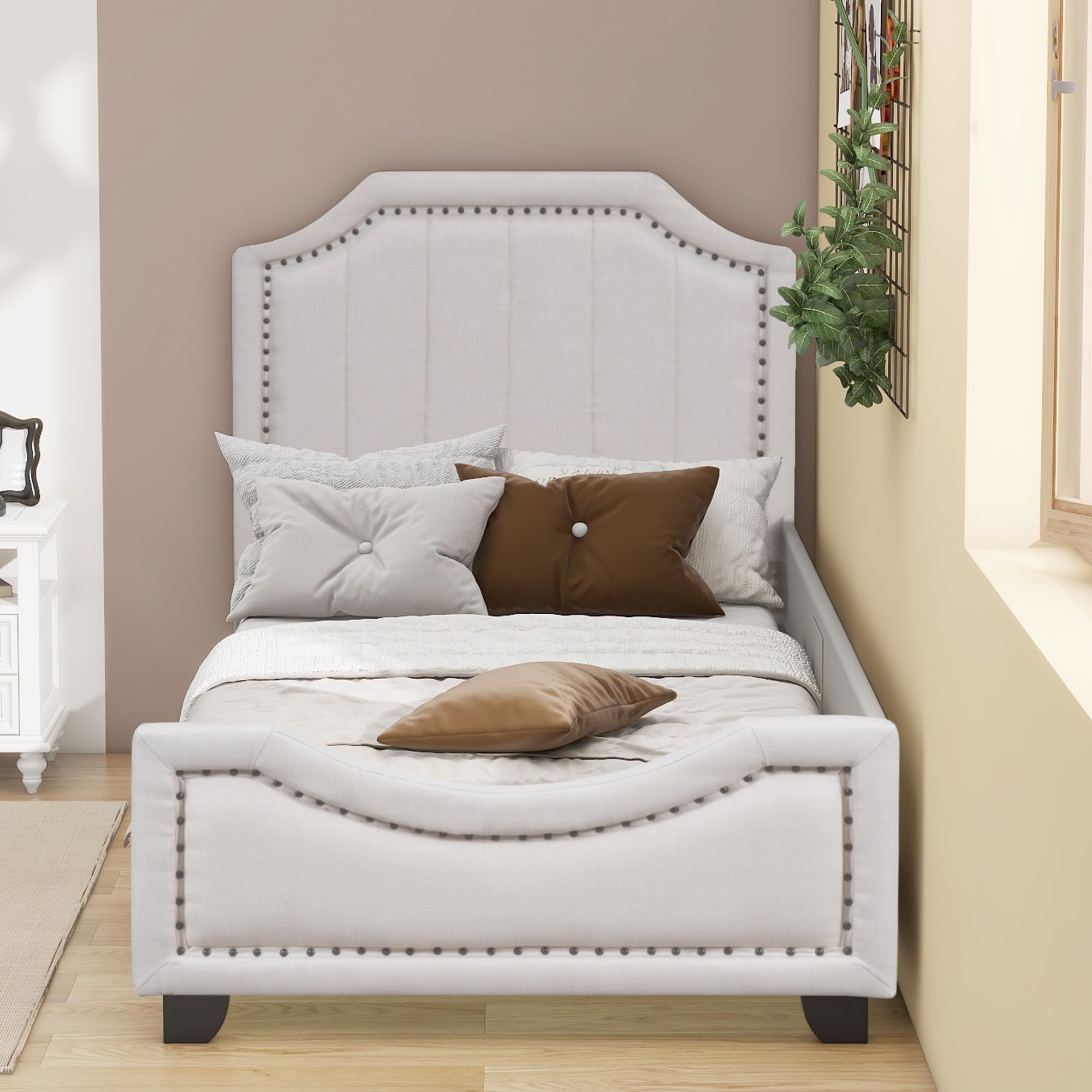 CITYLIGHT Beige Twin Size Bed Frame for Kids - Upholstered Linen Platform Bed with Headboard, Wooden Frame for Teens, Girls & Boys | Perfect for Bedrooms, Dorms & Guest Rooms