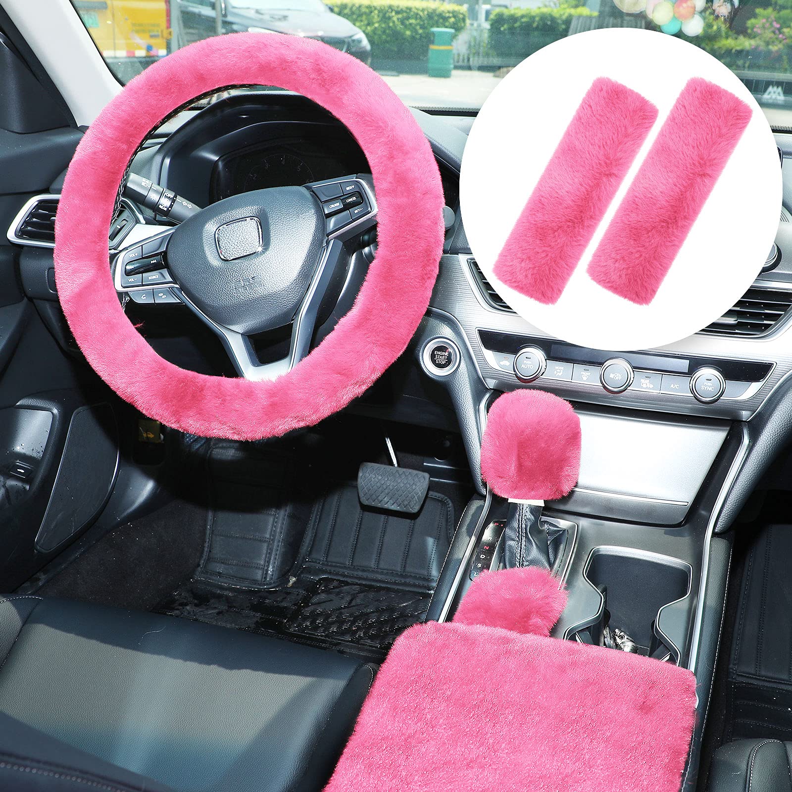 6-Piece Fluffy Winter Car Steering Wheel Cover Set - Warm Wool Fur Handbrake Cover, Center Console & Seat Belt Shoulder Pads - Non-Slip Pink Short Hair Furry Car Accessories for Cold Weather Driving Comfort