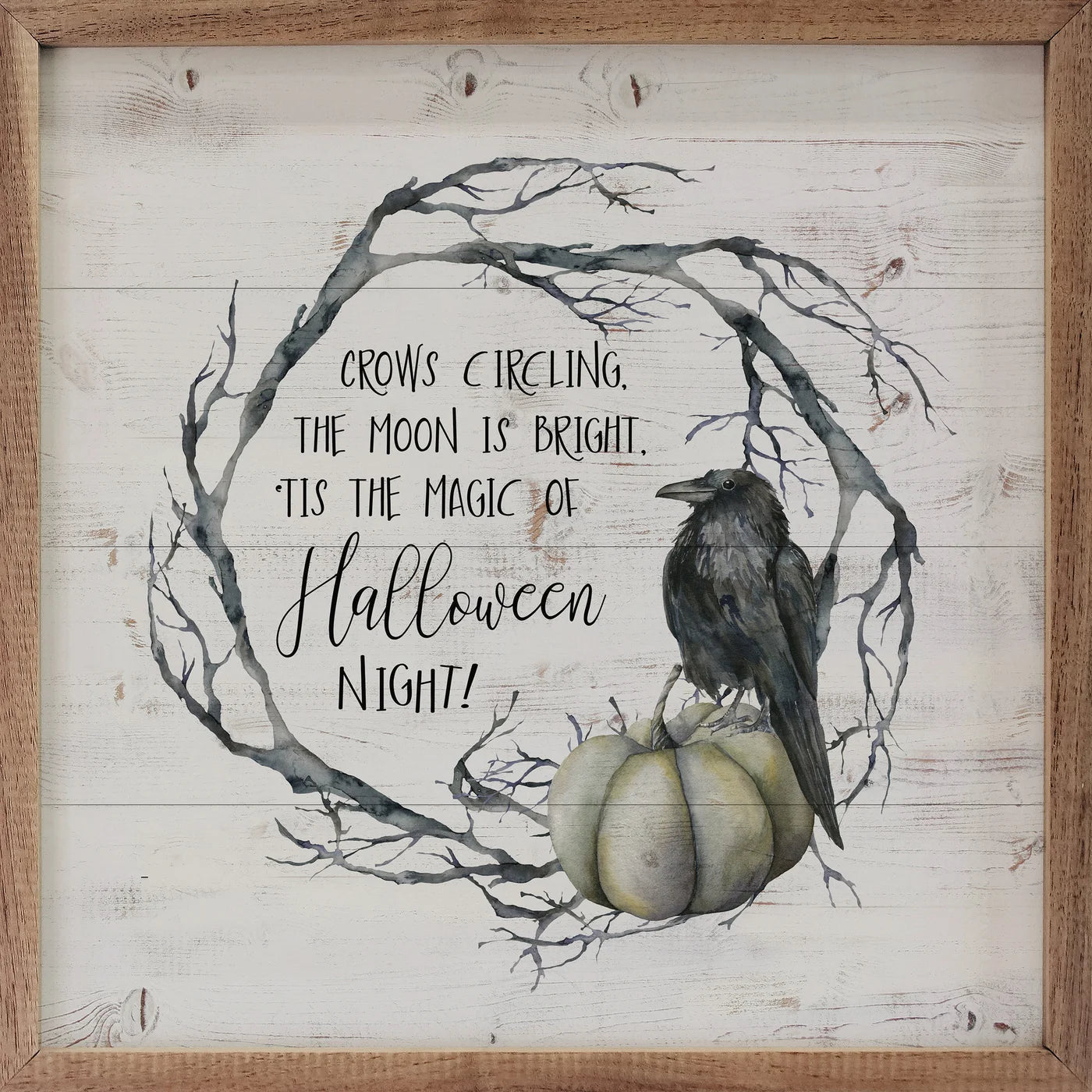 Halloween Night Whitewashed Wood Framed Print - Spooky Wall Art Decor for Home, Office & Halloween Party Decoration