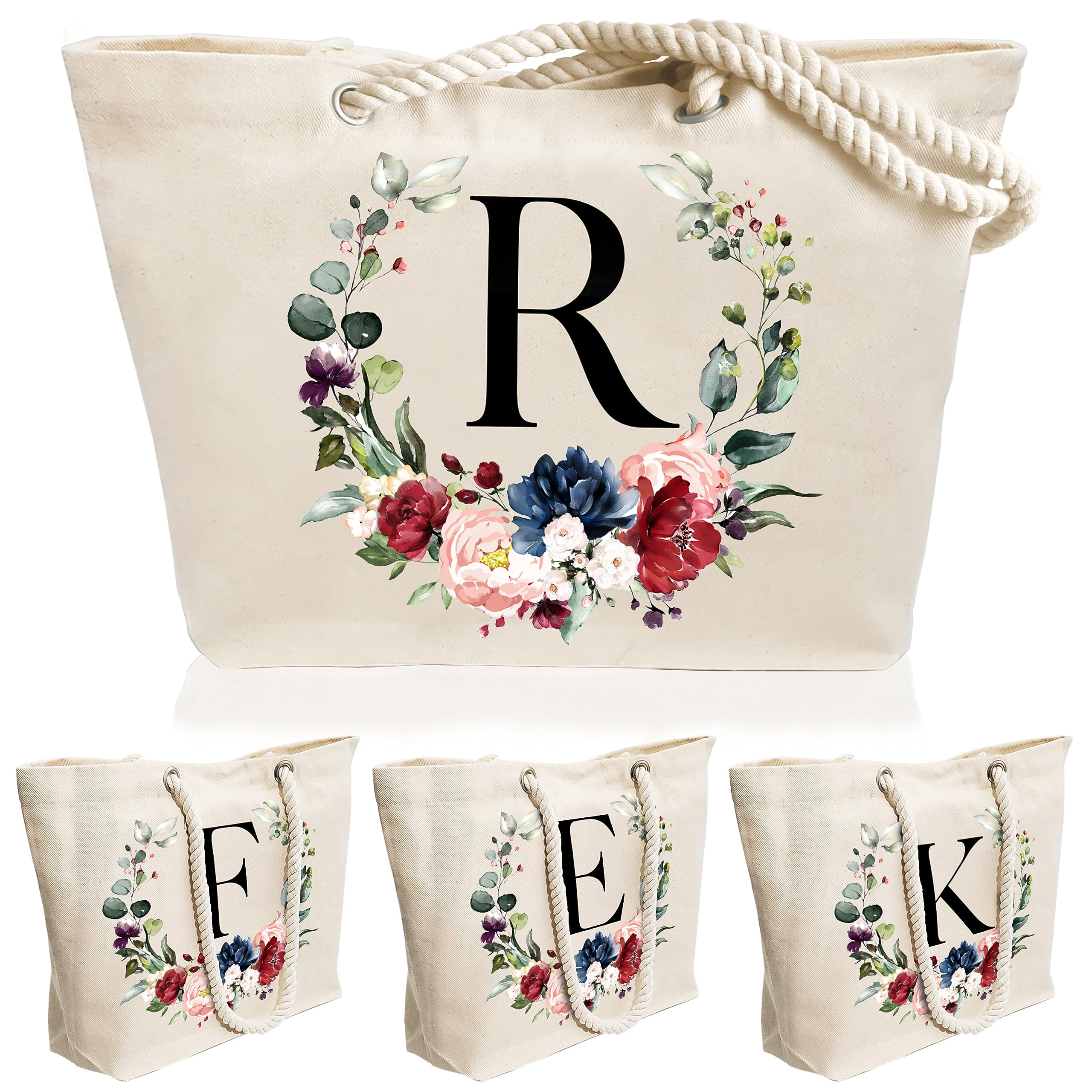 Custom Monogrammed Floral Initial Cotton Canvas Beach Tote Bag - Personalized Bridesmaid Gift for Wedding, Vacation & Summer Outings