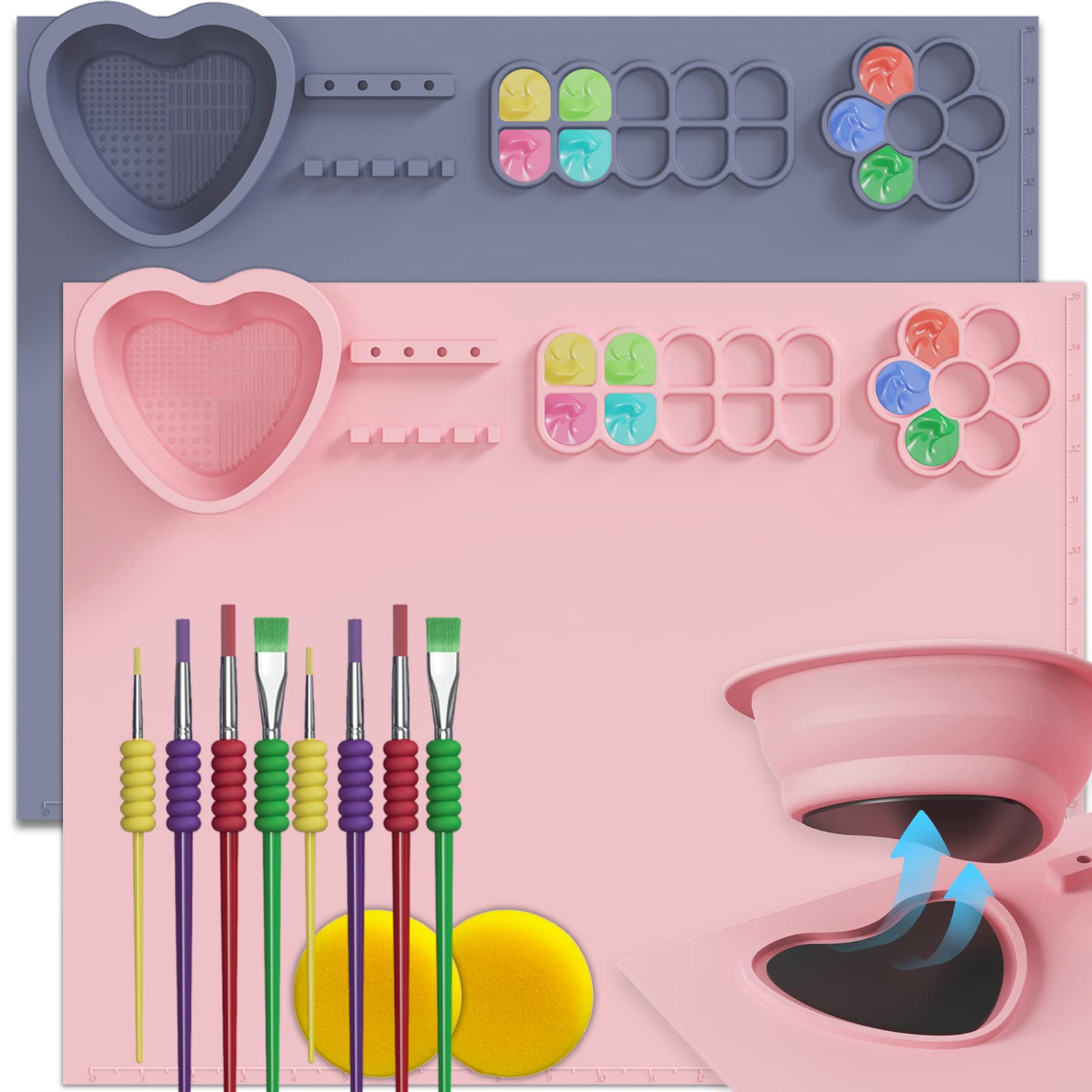 Premium Silicone Painting Mat with Cup & Paint Holder - 20x16 Inch Non-Slip Art Mat with Brush Set for Artists, Kids Crafts, Resin Casting - Ideal for DIY Projects, Home Decor & Classroom Activities (2-Pack, Grey-Purple & Pink)