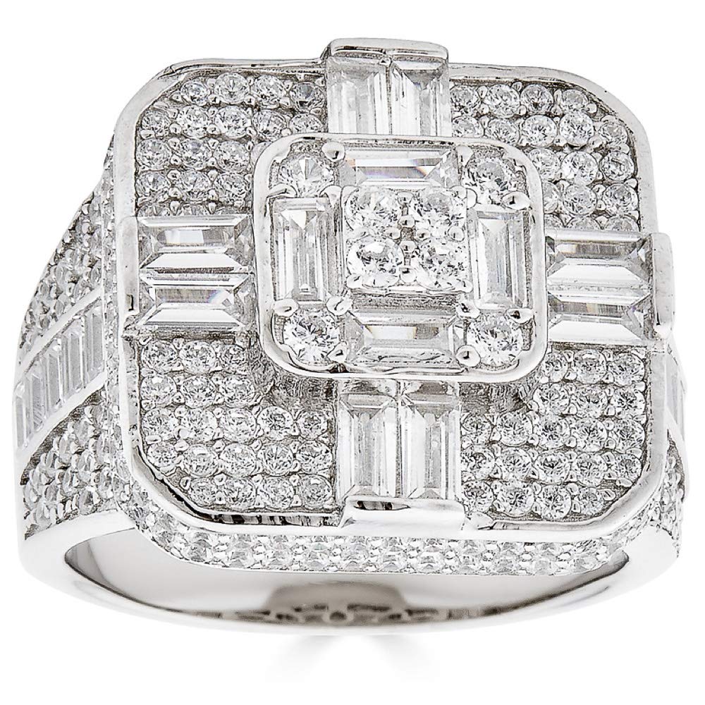 925 Sterling Silver Men's Iced Baguette Diamond Ring - Large Square Hip Hop Pinky Ring for Men - Durable Solid Silver Jewelry Gift - Perfect for Weddings, Parties and Everyday Wear (Size 9)