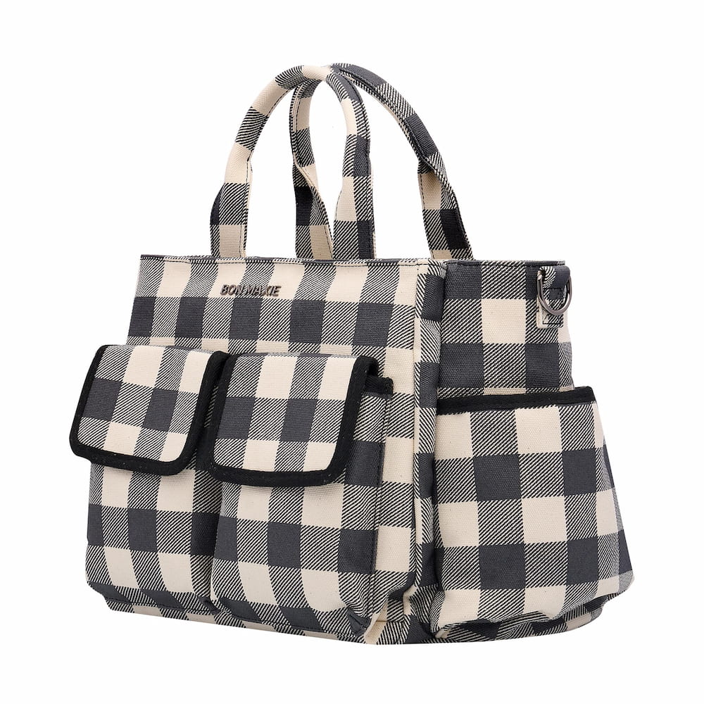 Stylish Black Gingham Multi-Pocket Tote Bag for Women - Large Everyday Carryall with Multiple Pockets - Perfect for Work, Travel, Shopping & Beach
