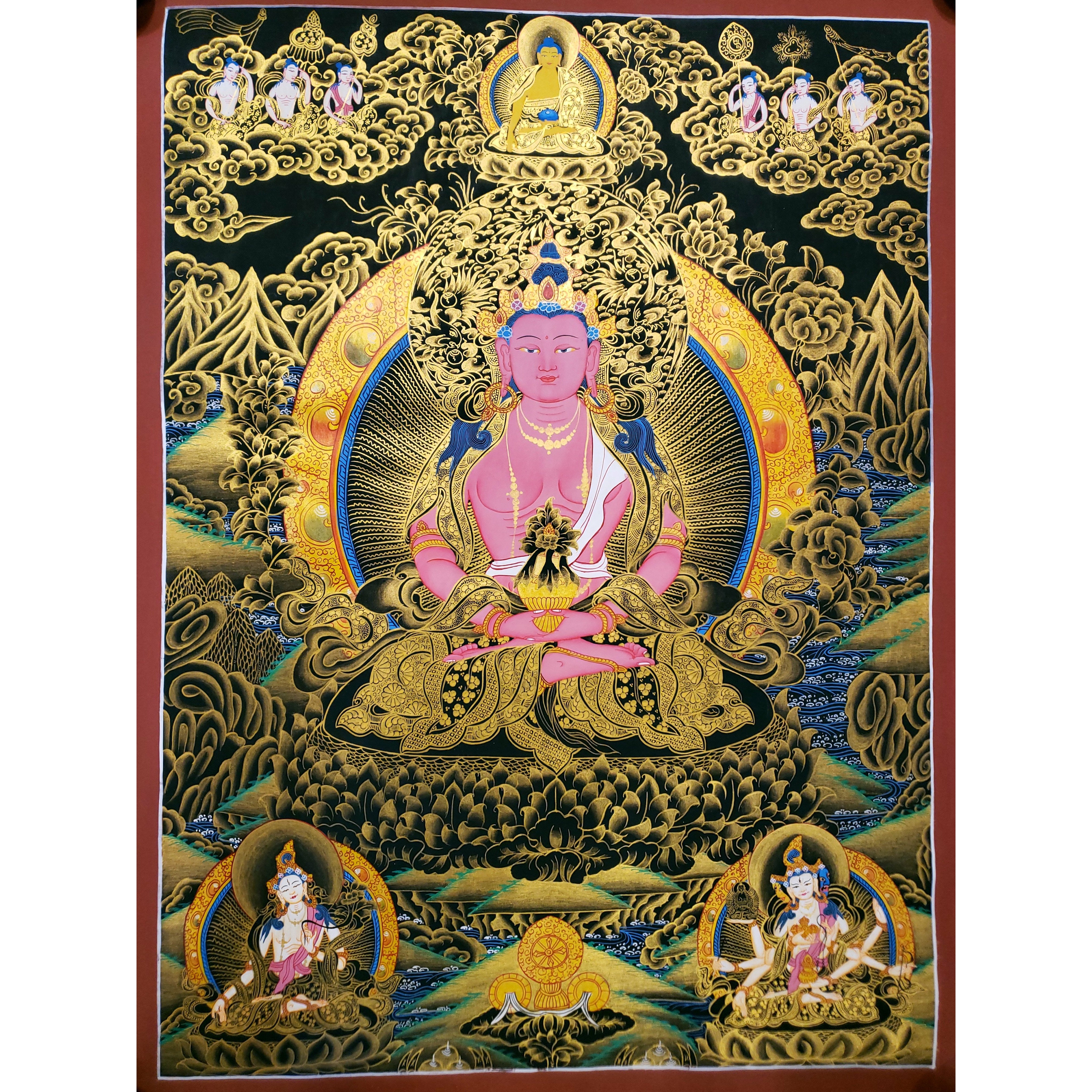 Amitayus Buddha Tibetan Thangka Painting - Handmade Buddhist Art for Meditation & Home Decor | Perfect for Spiritual Practice, Yoga Rooms & Gift Giving