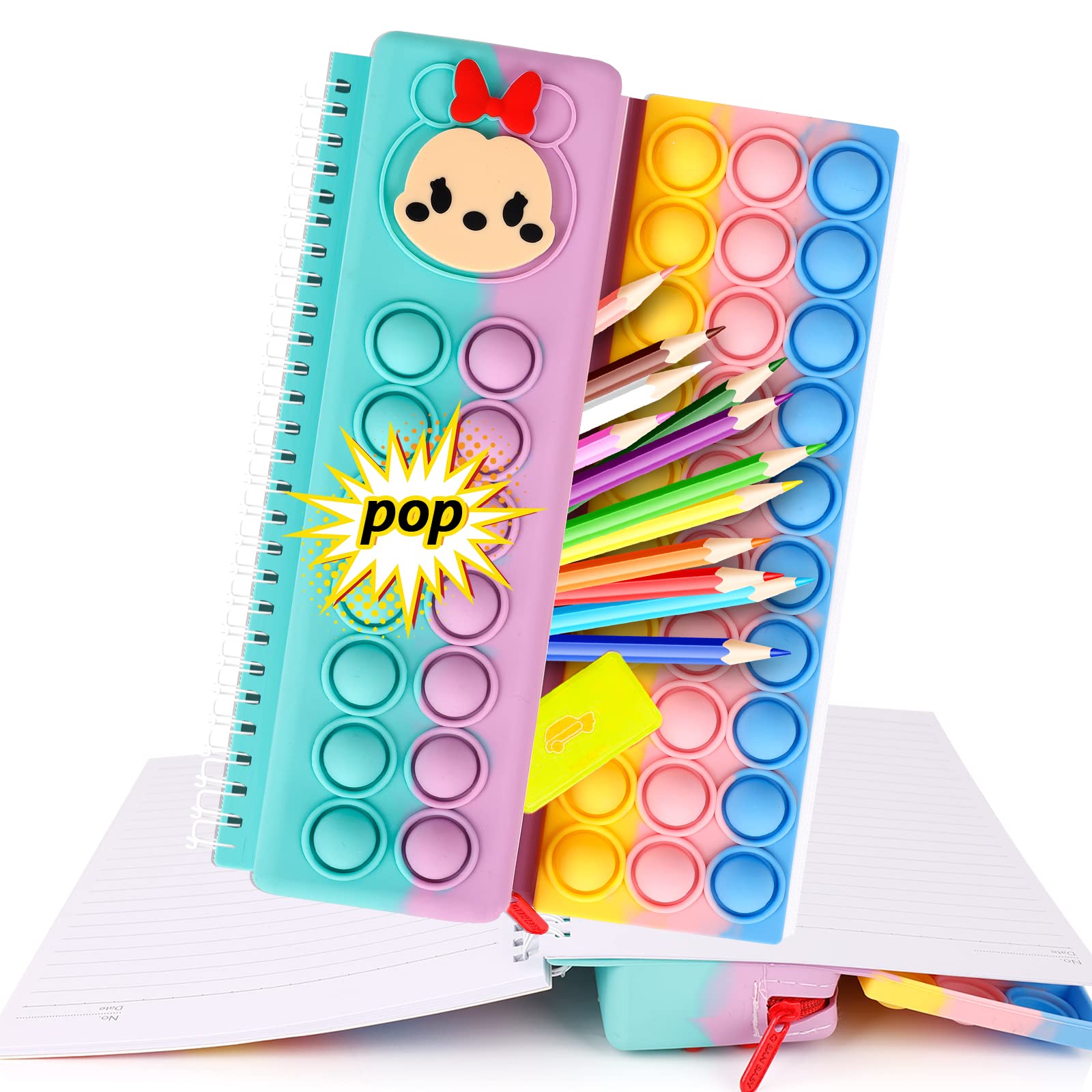 Rainbow Silicone Popper Bubble Push Fidget Notebook with Pencil Case for Kids - 40 Sheet A5 Stress Relief Notebook for Girls & Boys - Perfect for School, Travel, and Anxiety Relief