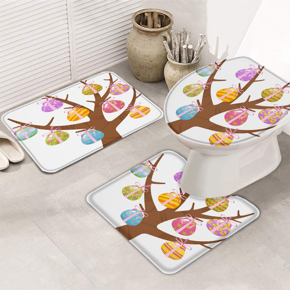3-Piece Non-Slip Bathroom Rug Set - Funny Easter Egg Tree Kids Bath Mat, U-Shaped Toilet Mat & Lid Cover | Super Absorbent, Washable Bath Mats for Home, Bathroom Decor | Perfect for Kids' Bathrooms, Easter Decor & Guest Bathrooms