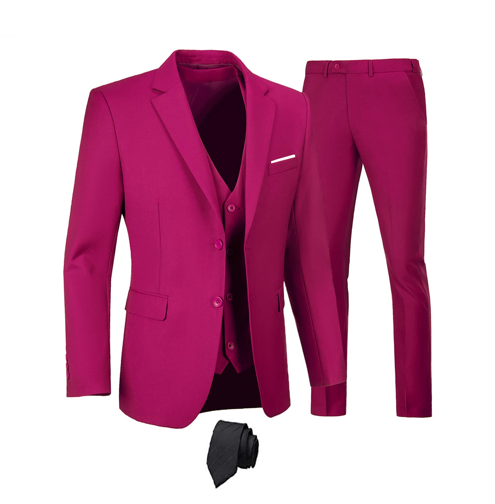 Furuyal Men's 3 Piece Slim Fit Suit Set - Two Button Business Tuxedo, Blazer Jacket, Vest & Pants with Tie | Wedding, Office & Formal Events