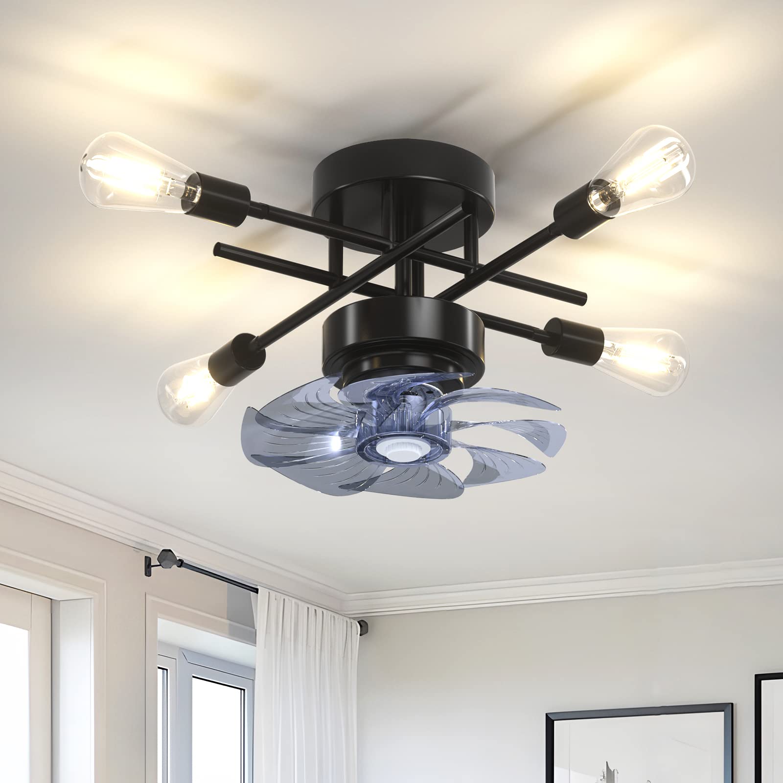 Farmhouse Ceiling Fan with Lights - Remote Control Indoor Ceiling Fan, Industrial Black Flush Mount Lighting for Low Profile Ceiling | Perfect for Living Room, Bedroom & Kitchen Air Circulation
