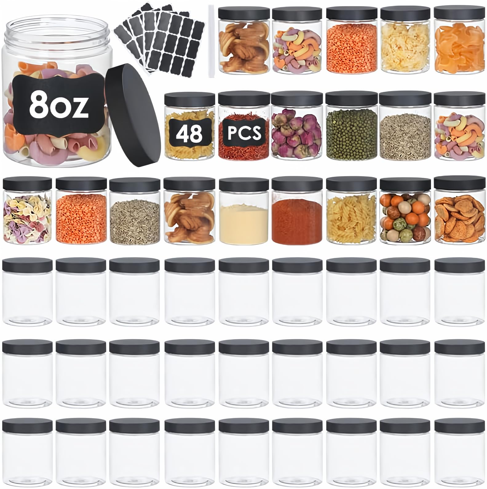 48-Piece 8 oz BPA-Free Plastic Storage Containers with Lids - Leakproof, Airtight, Refillable Clear Jars for Dry Food, Makeup, Slime, Honey & Jam - Ideal for Kitchen Pantry, Bathroom Organization & Craft Supplies