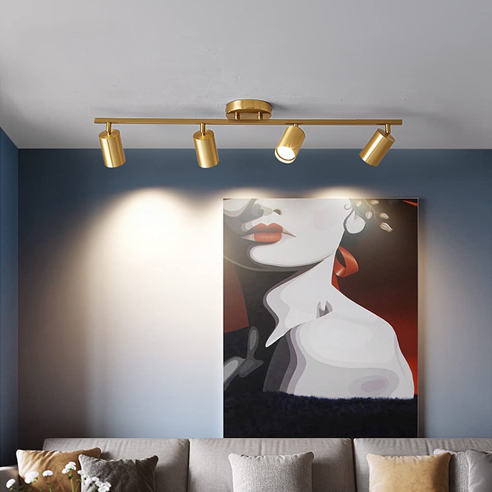 Modern LED Track Lighting Kit - 4 Adjustable Spot Lights with Gold Finish for Kitchen, Living Room, Clothing Store & Restaurant | Energy Efficient Ceiling Light Fixtures | Perfect for Accent Lighting and Retail Displays