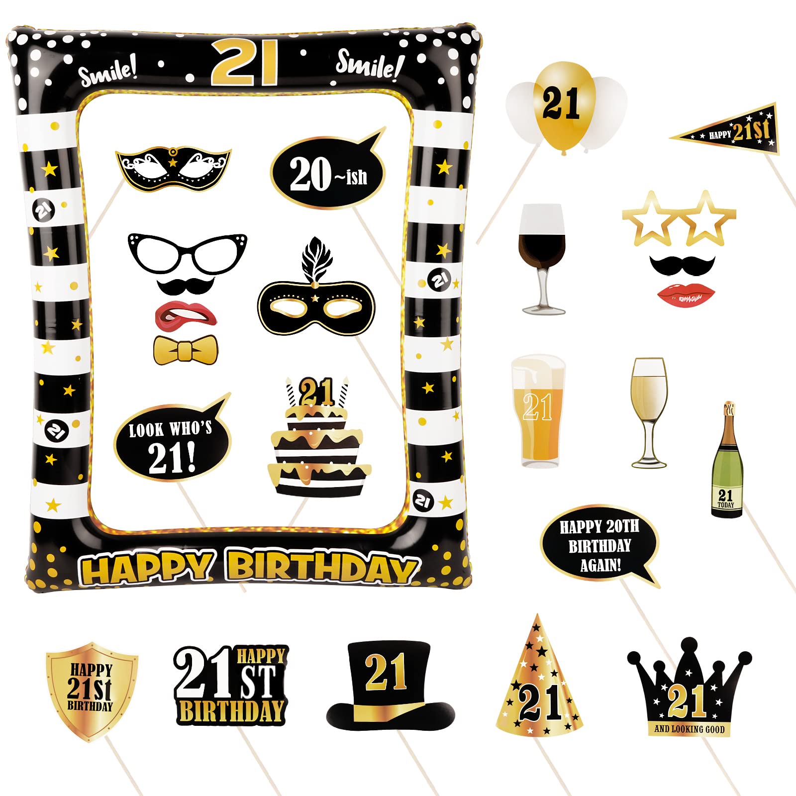 24Pcs 21st Birthday Party Inflatable Frame & Photo Booth Props - Gold & Black Decorations for Her/Him, 40th Birthday Party Supplies, Family Fun Holiday Theme Kit | Perfect for Birthday Celebrations, Photo Booths & Party Decor