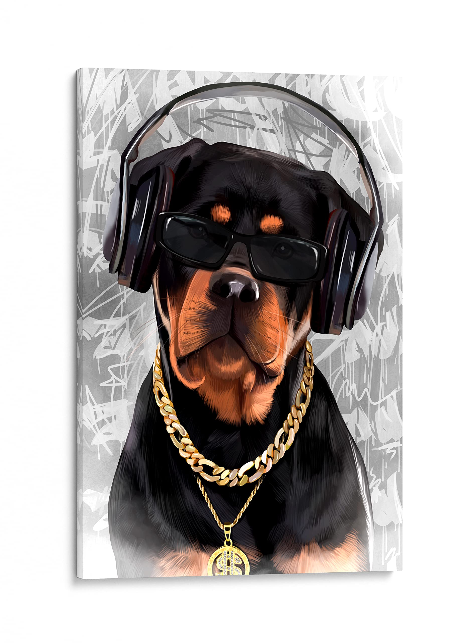 Funny Dog Portrait Wall Art - Cute Rottweiler Rapper Canvas Print 24x32 Inch | Unique Home Decor for Dog Lovers | Perfect for Living Room, Bedroom & Office | Stretched & Ready to Hang | Great Gift Idea for Pet Owners